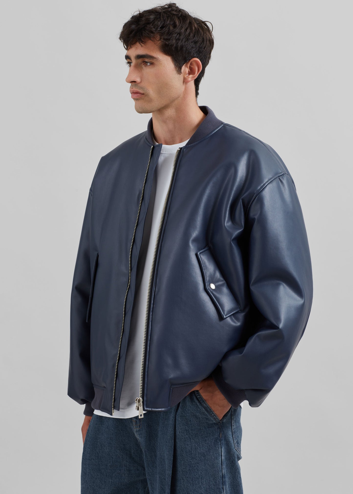 Astra Faux Leather Bomber Jacket - Navy