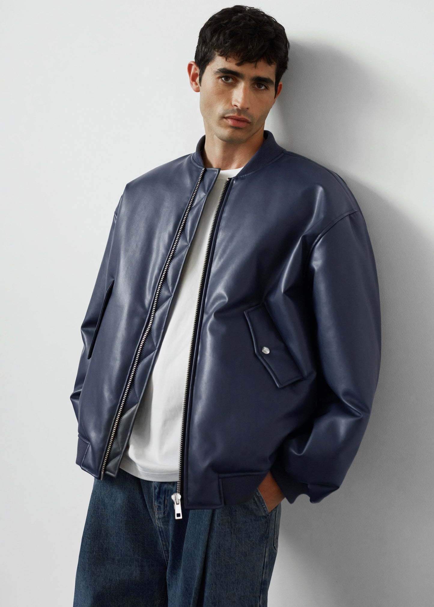 Astra Faux Leather Bomber Jacket - Navy