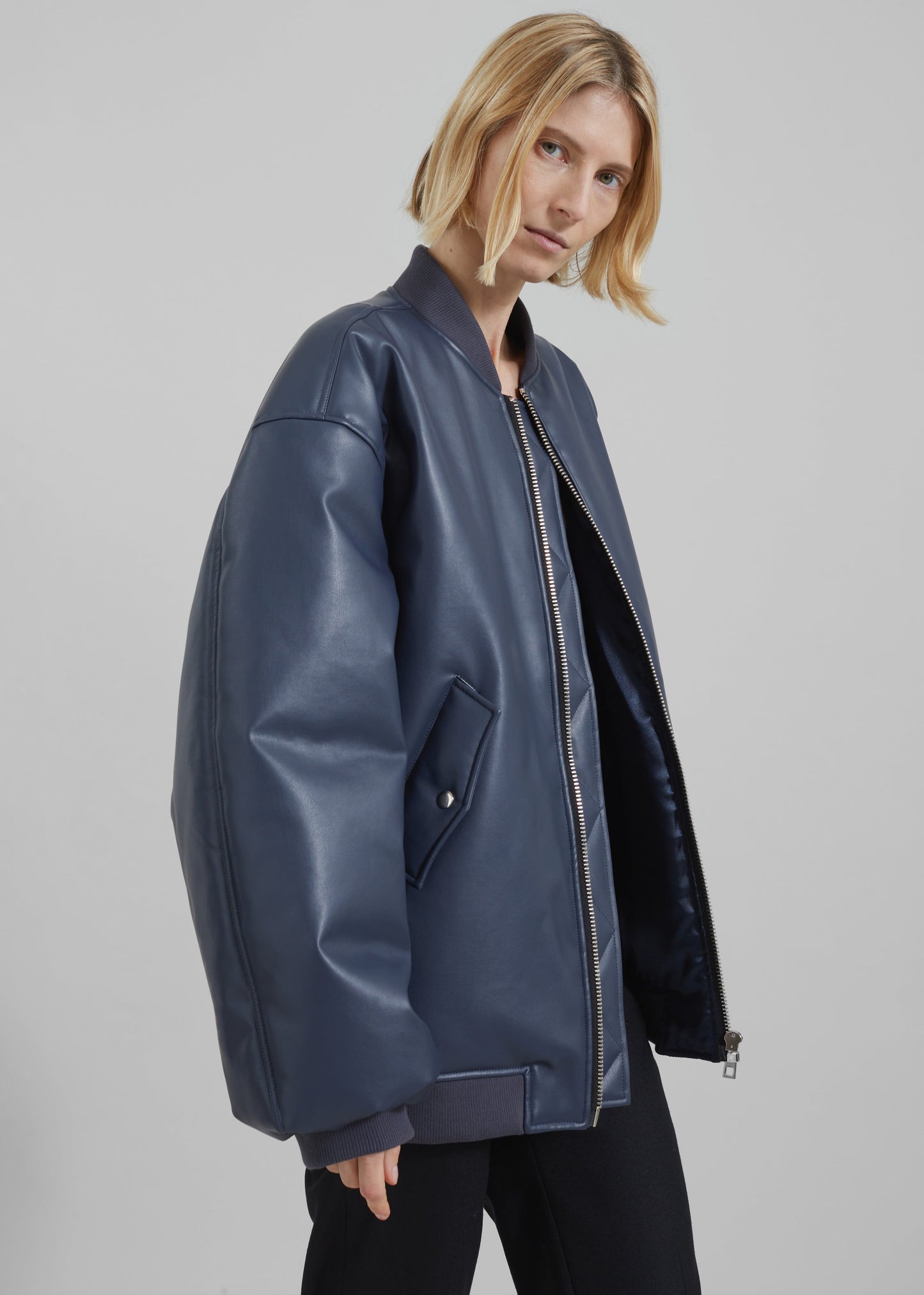 Astra Faux Leather Bomber Jacket - Navy