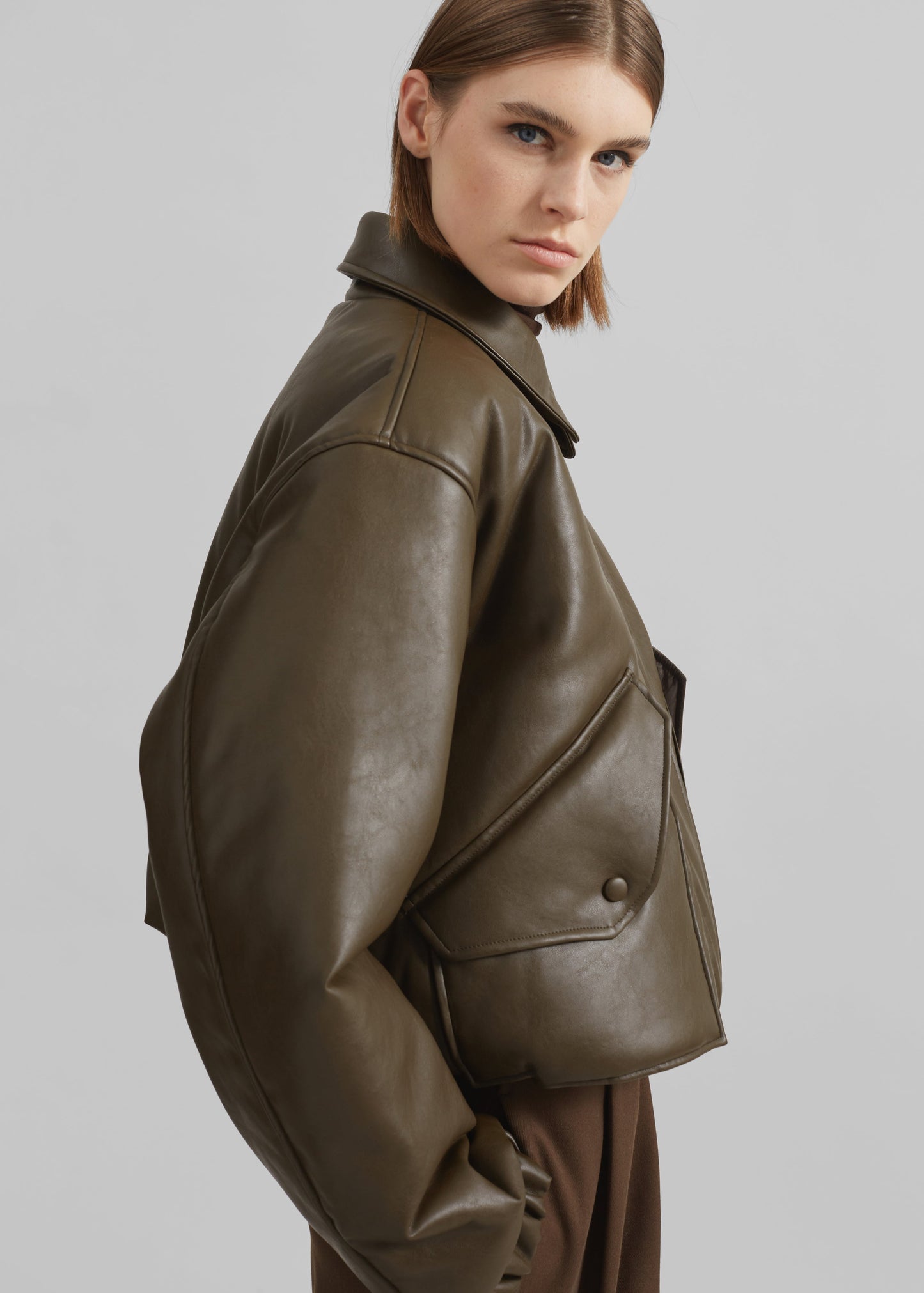 Blane Faux Leather Padded Bomber Jacket - Khaki Brown