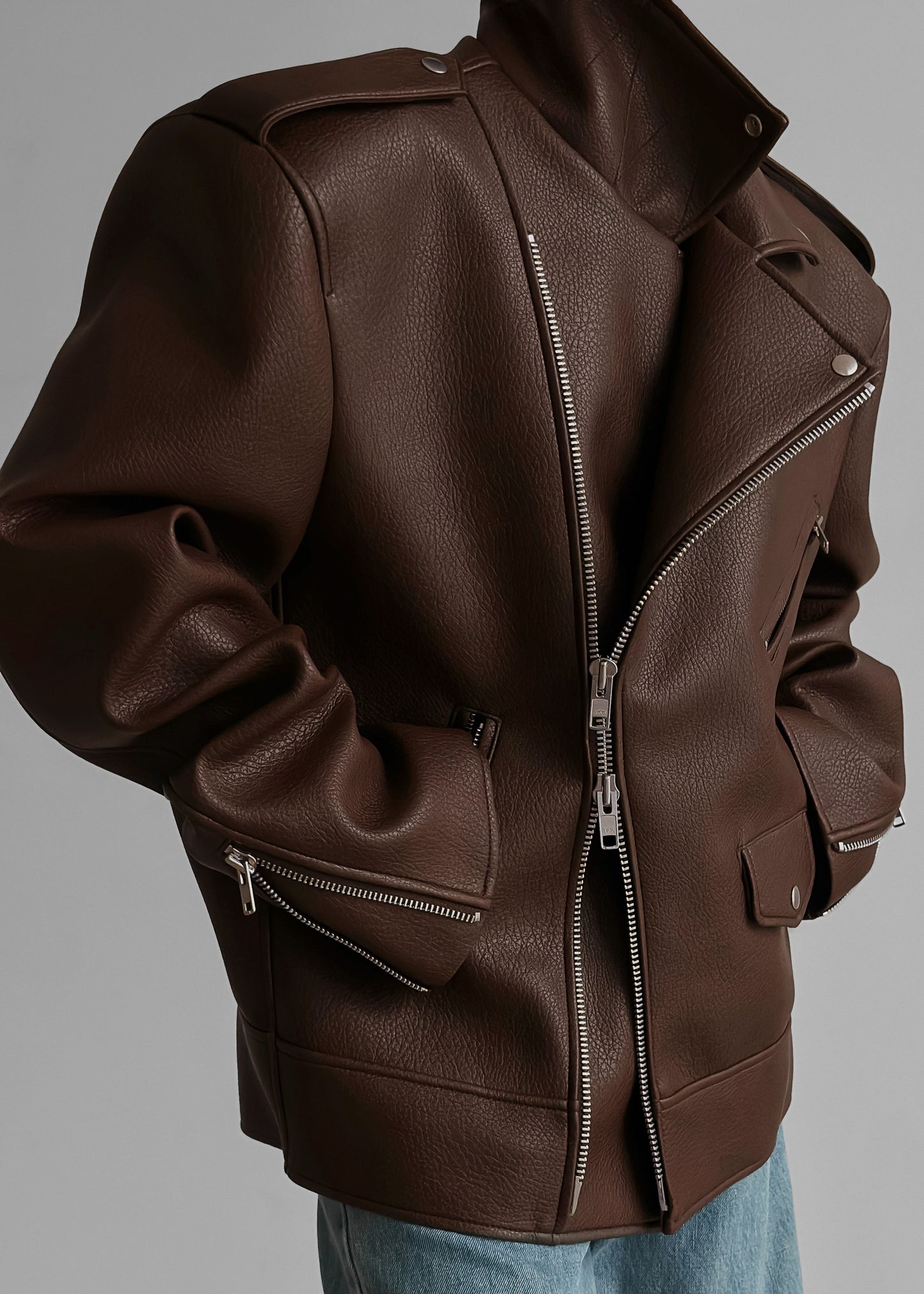 Chicago Oversized Biker Jacket - Brown