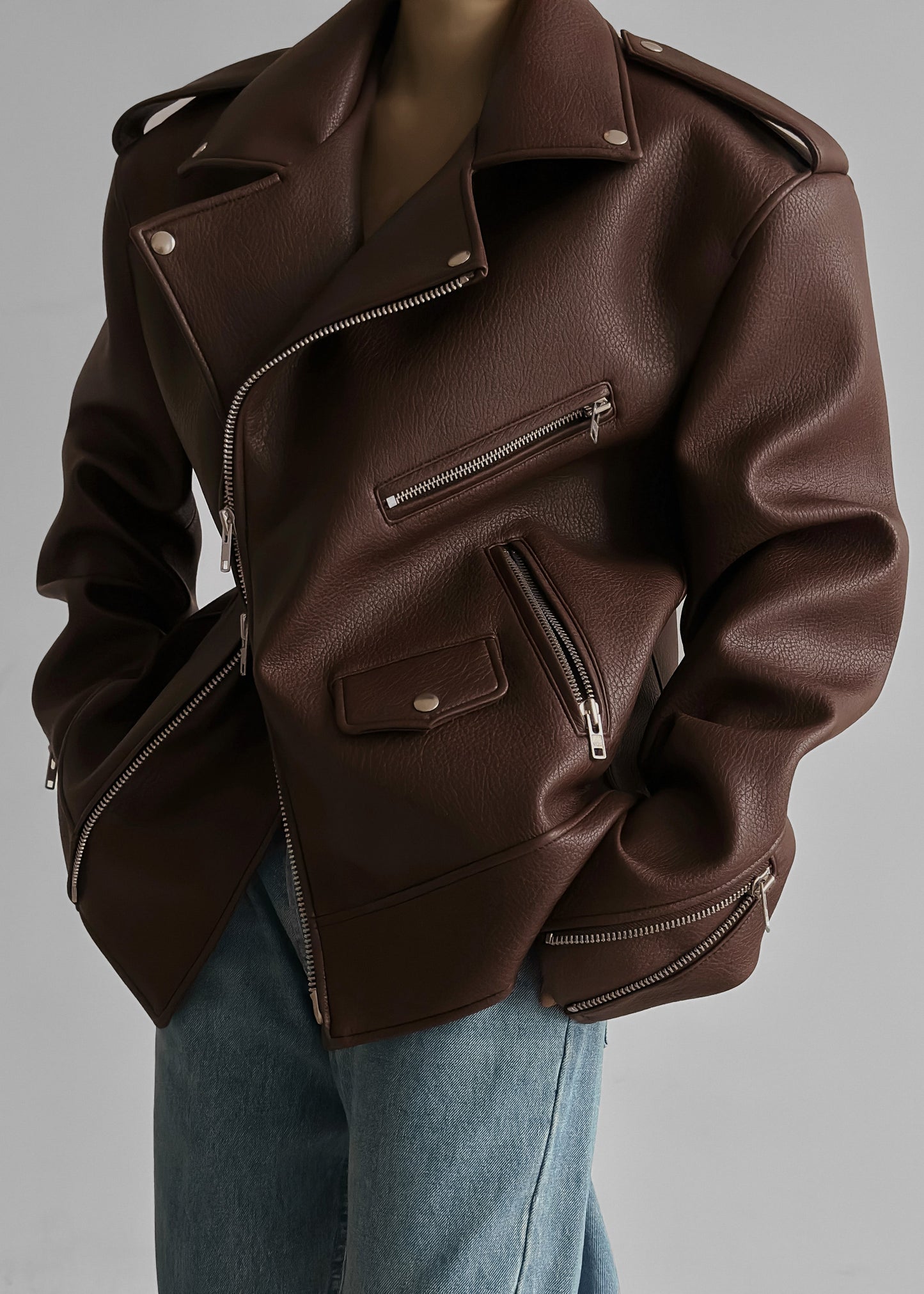 Chicago Oversized Biker Jacket - Brown