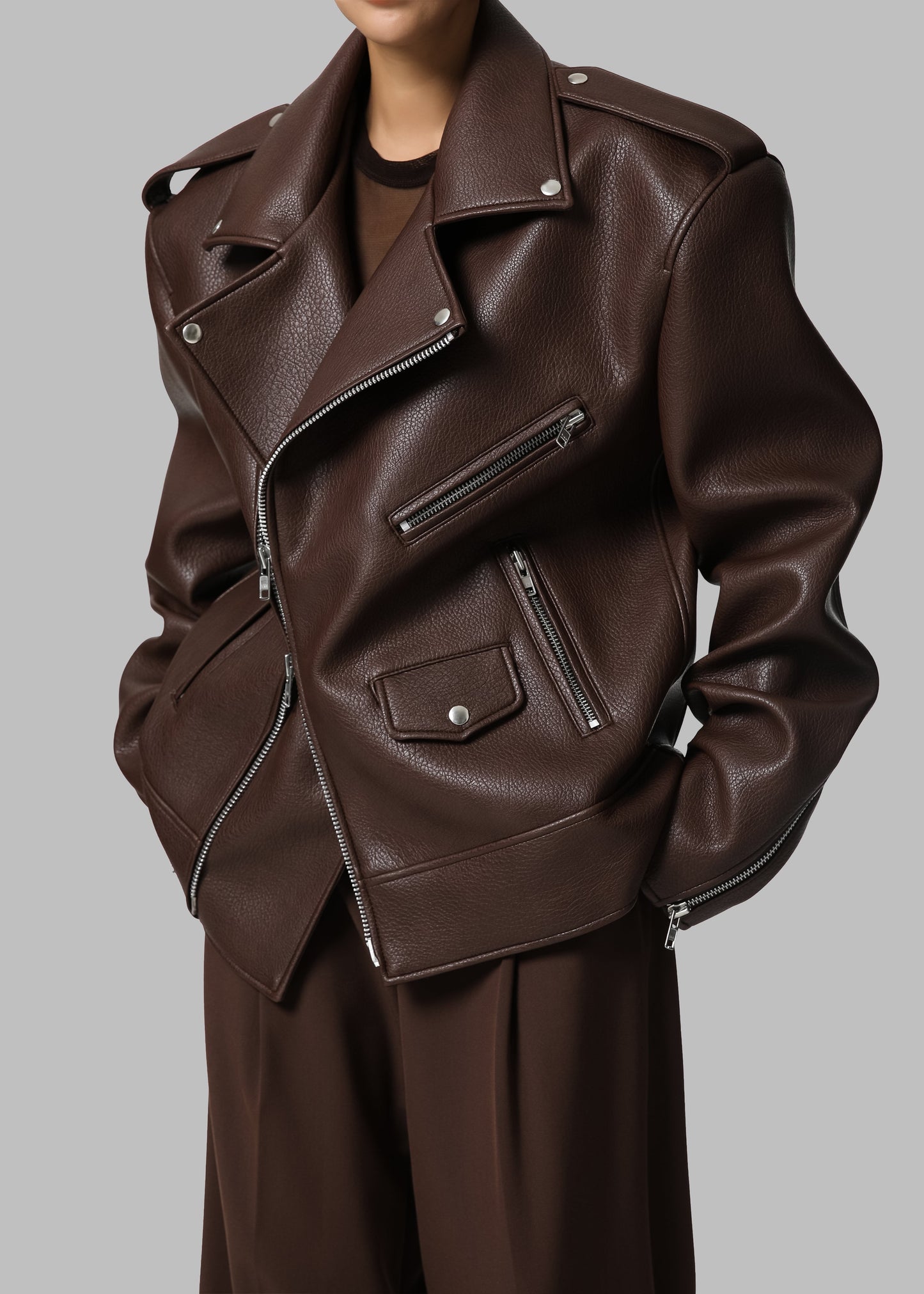 Chicago Oversized Biker Jacket - Brown