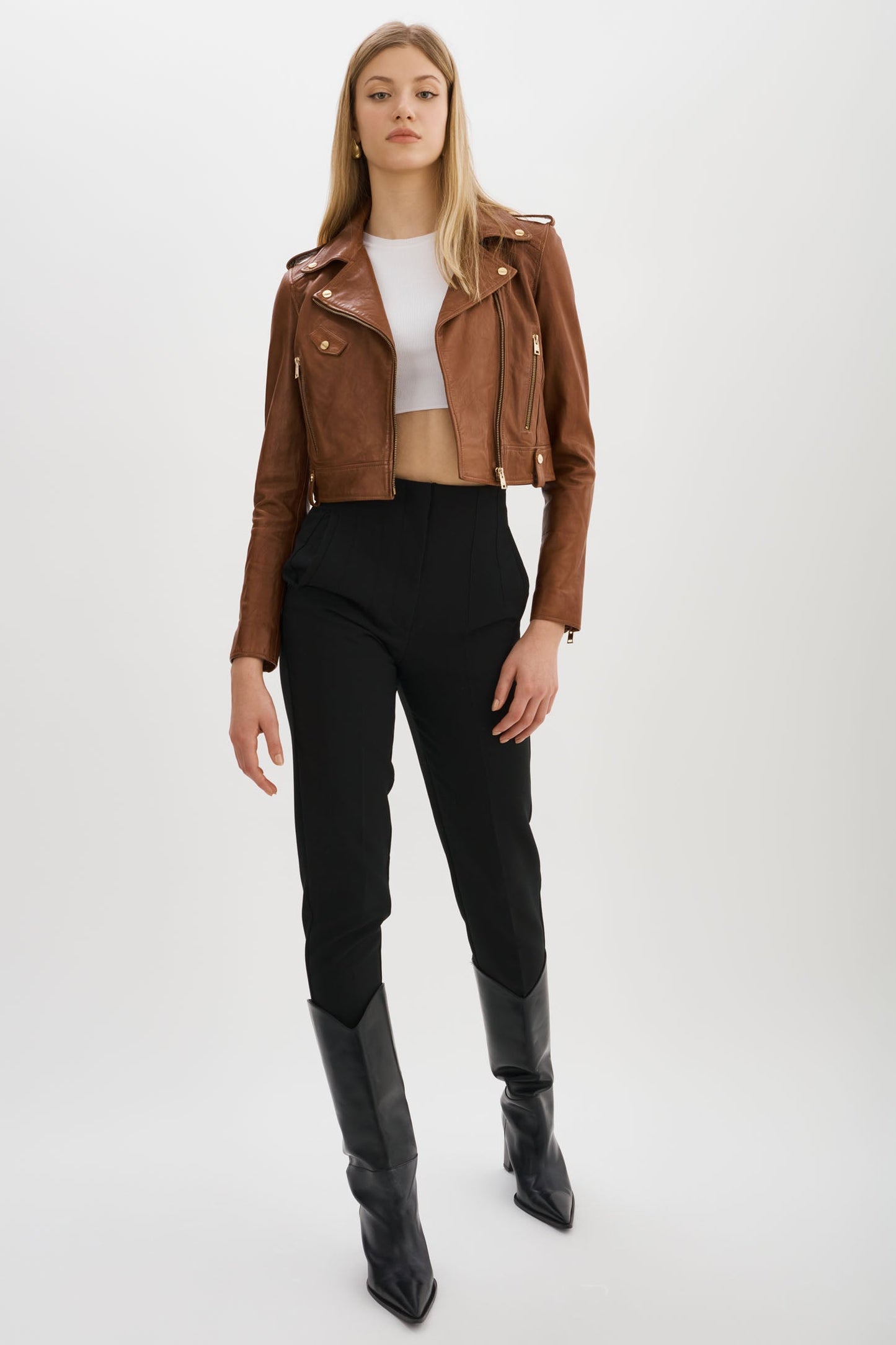 CIARA GOLD | Cropped Leather Biker Jacket