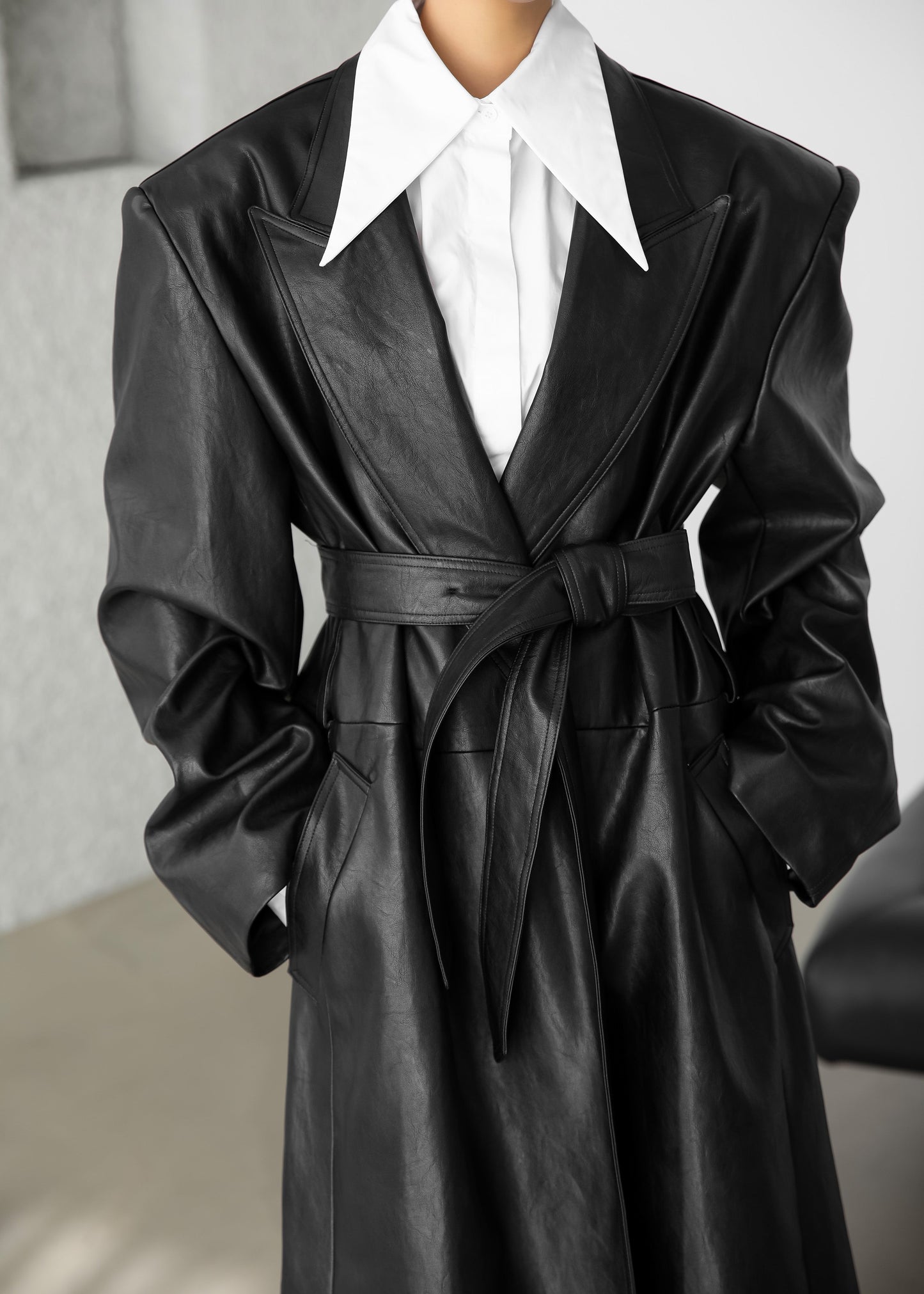 Connie Faux Leather Belted Trench Coat - Black