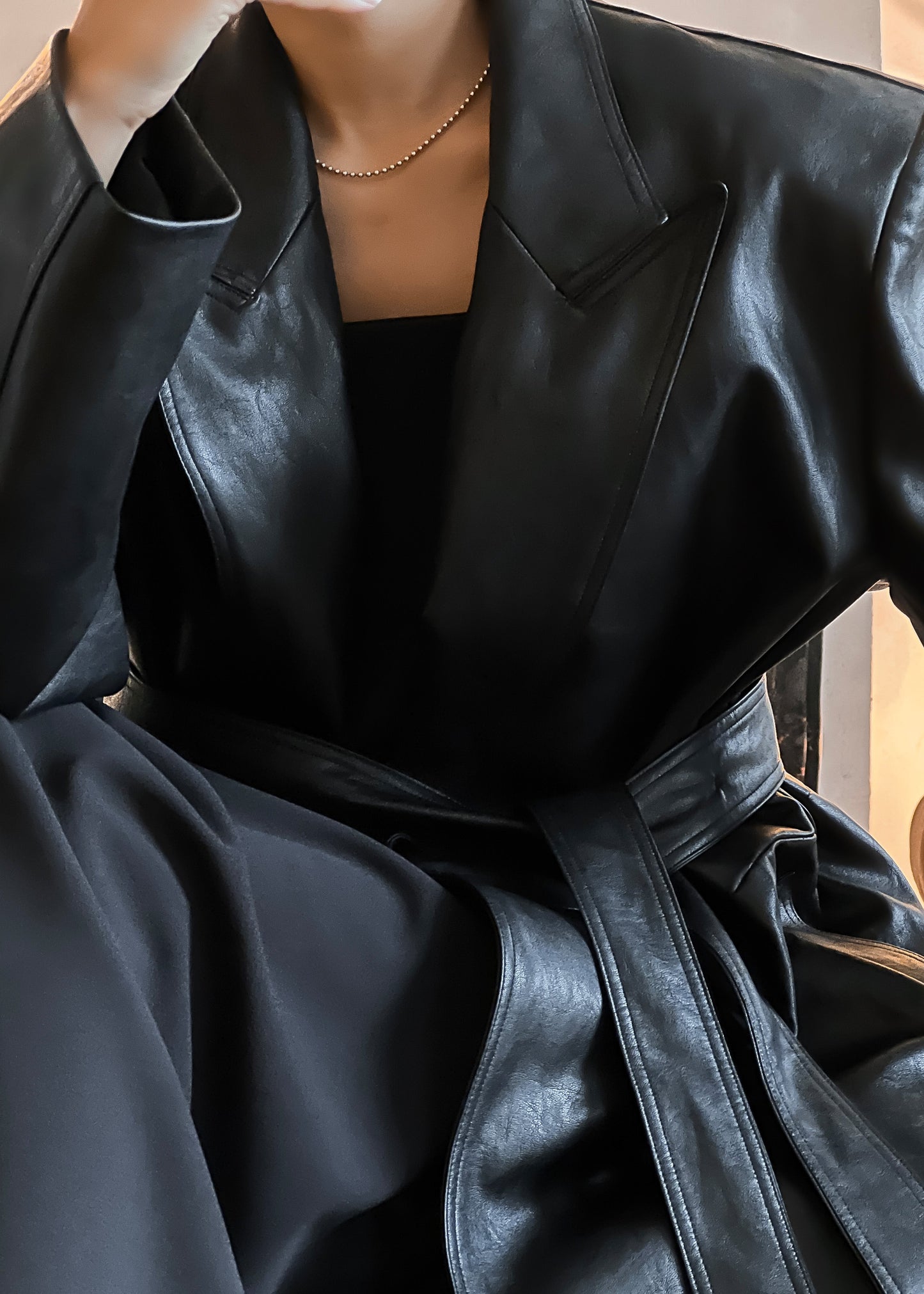 Connie Faux Leather Belted Trench Coat - Black