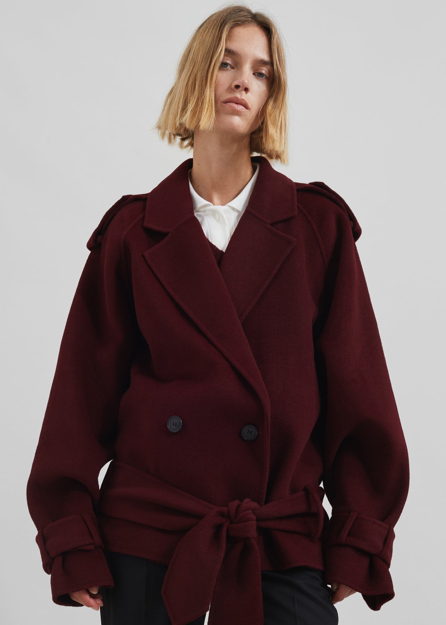 Elys Short Wool Trench - Burgundy