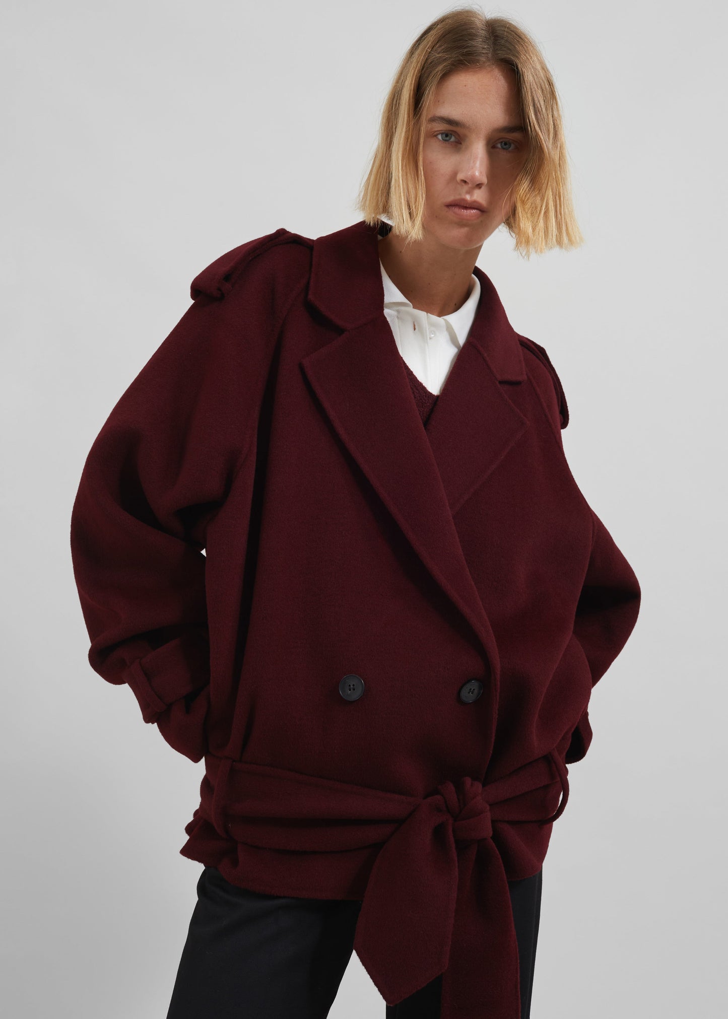 Elys Short Wool Trench - Burgundy