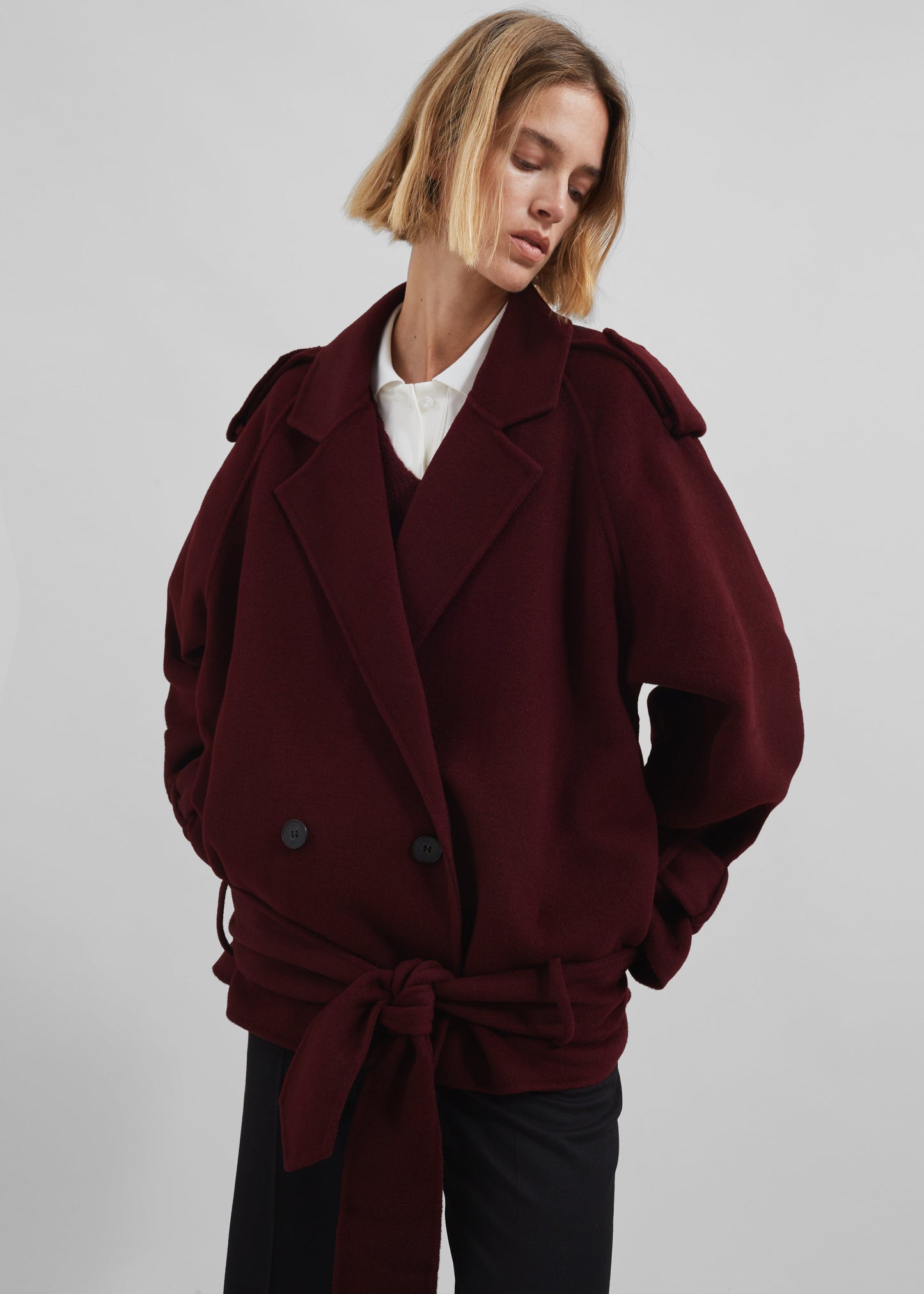 Elys Short Wool Trench - Burgundy