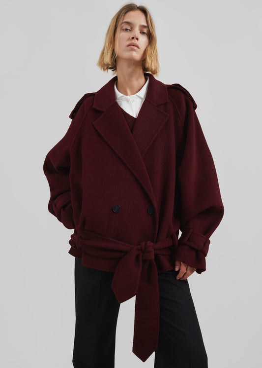 Elys Short Wool Trench - Burgundy