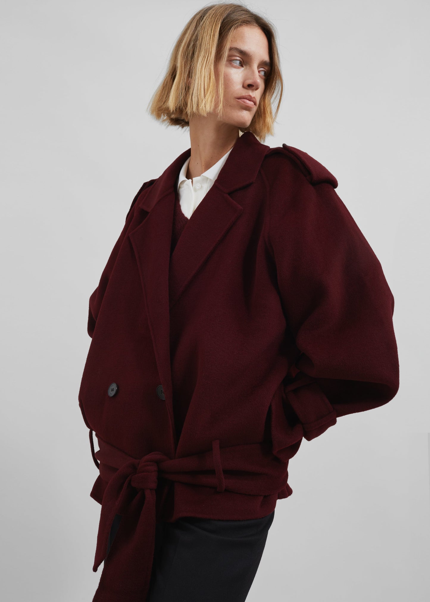 Elys Short Wool Trench - Burgundy