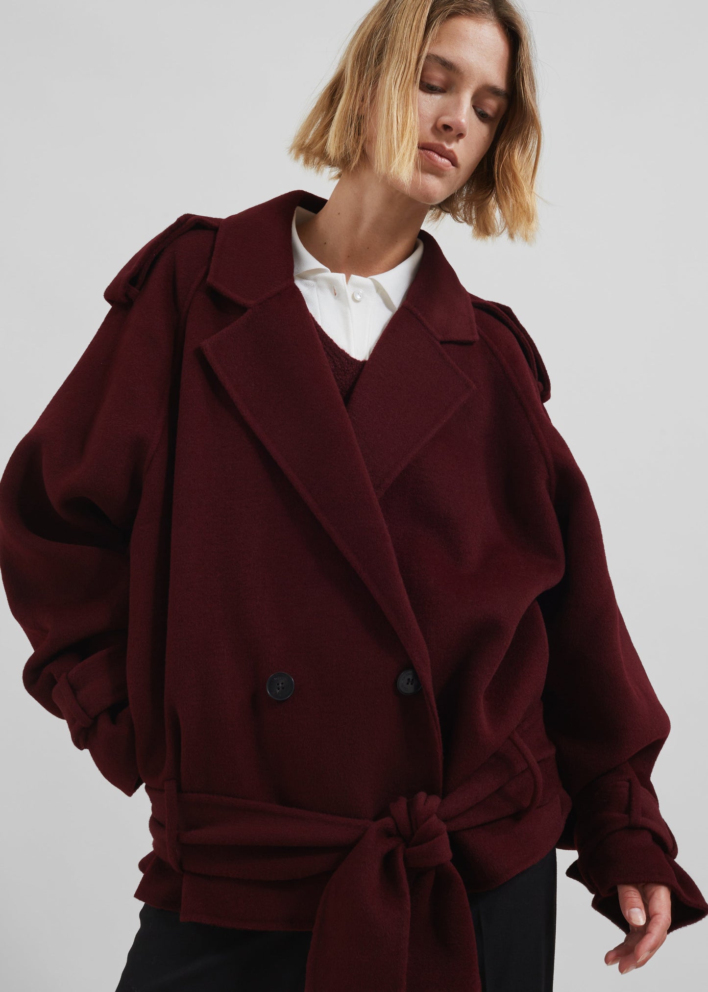 Elys Short Wool Trench - Burgundy