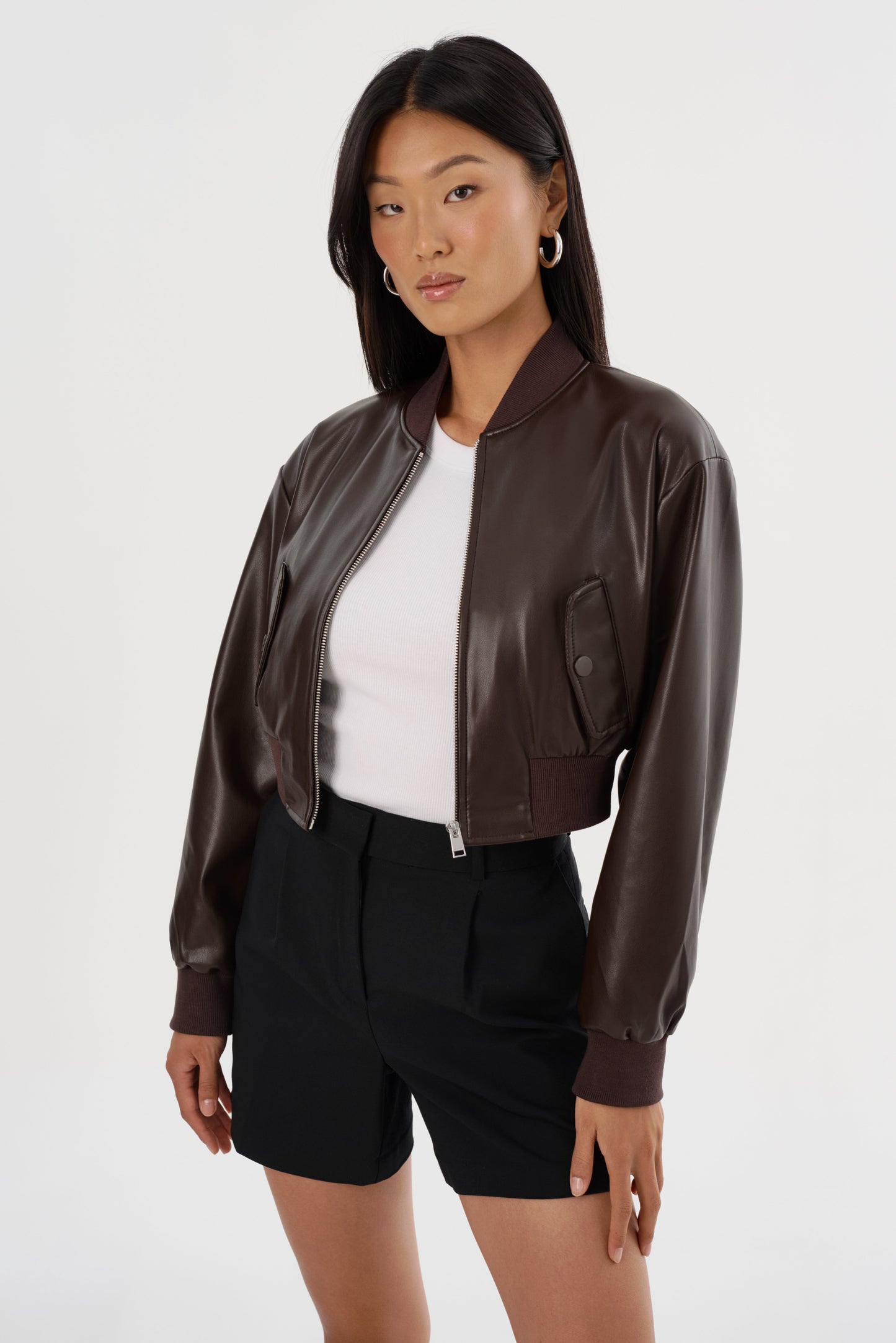 EVELIN | Faux Leather Cropped Bomber