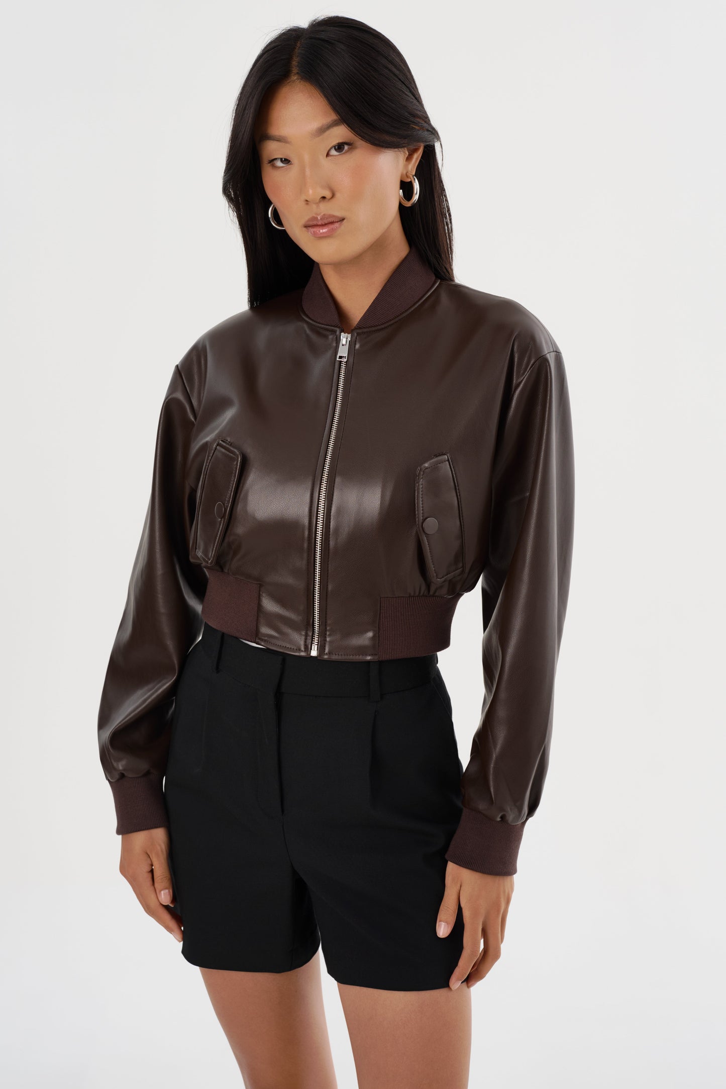 EVELIN | Faux Leather Cropped Bomber