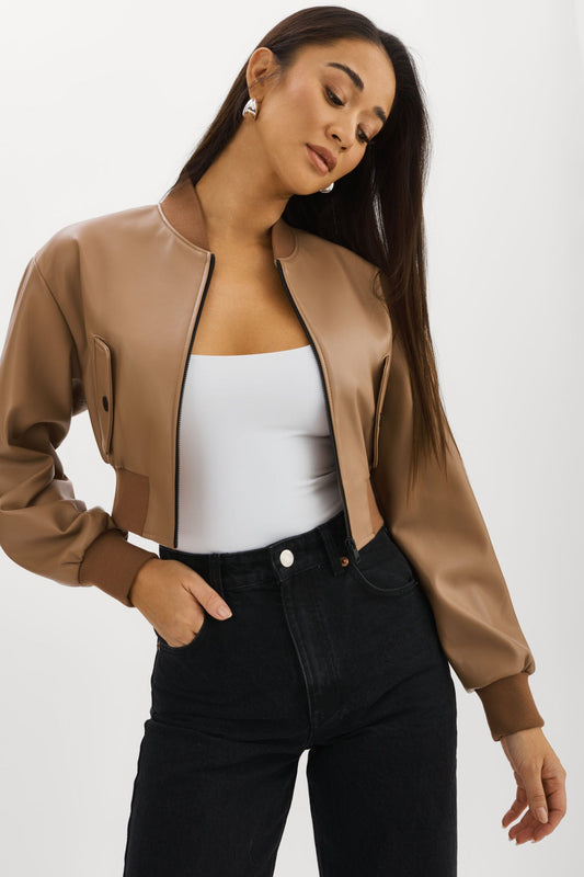 EVELIN | Faux Leather Cropped Bomber