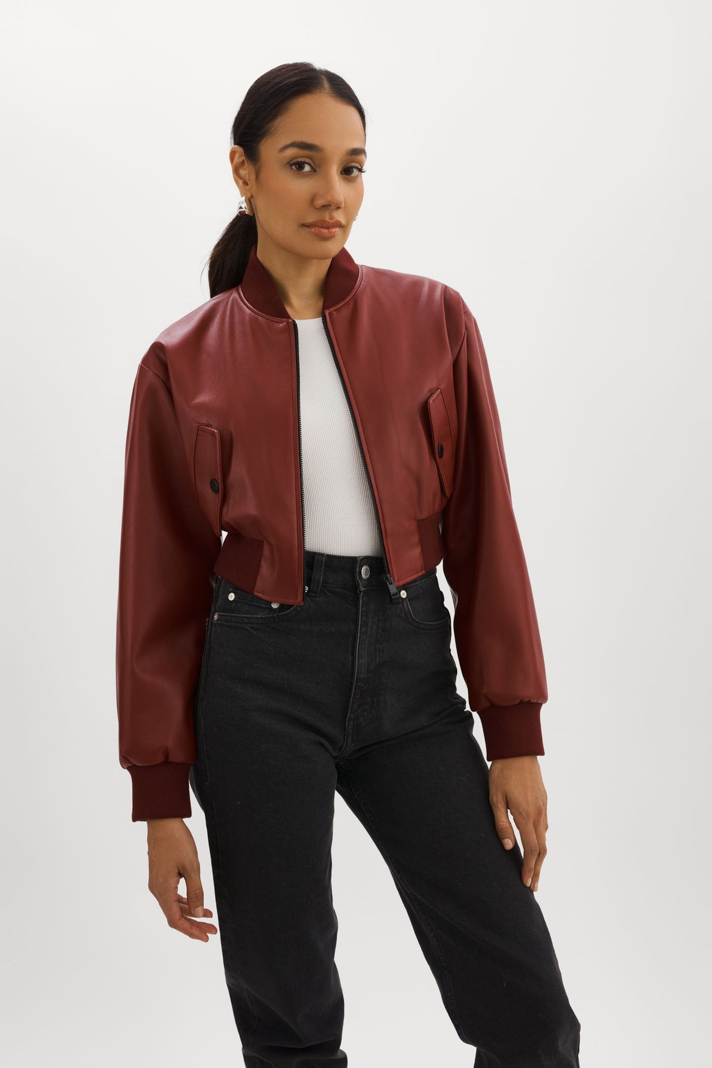 EVELIN | Faux Leather Cropped Bomber