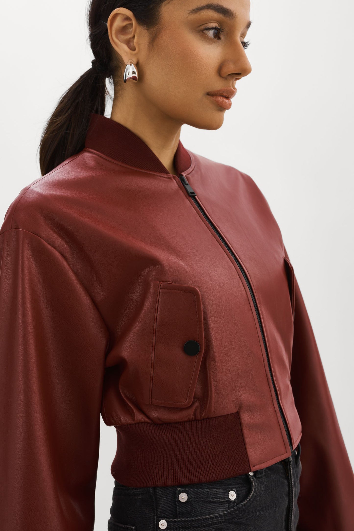 EVELIN | Faux Leather Cropped Bomber