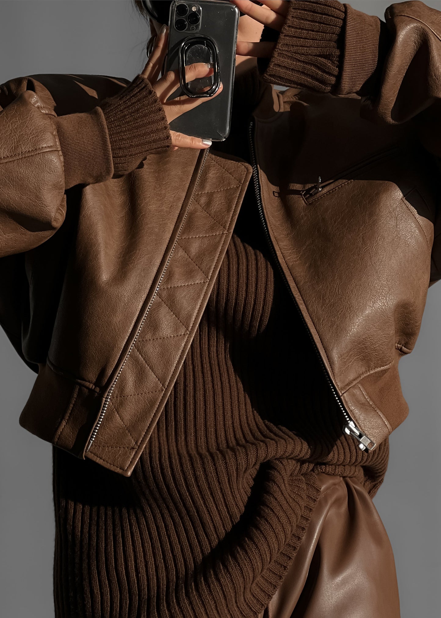 Gae Faux Leather Cropped Bomber - Brown