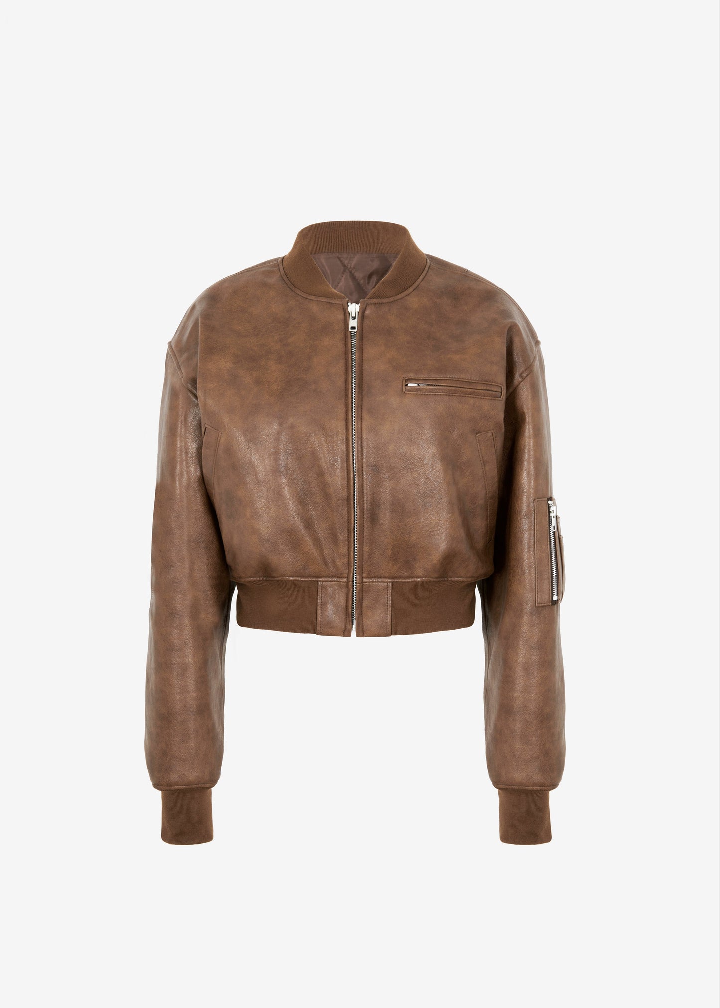 Gae Faux Leather Cropped Bomber - Brown