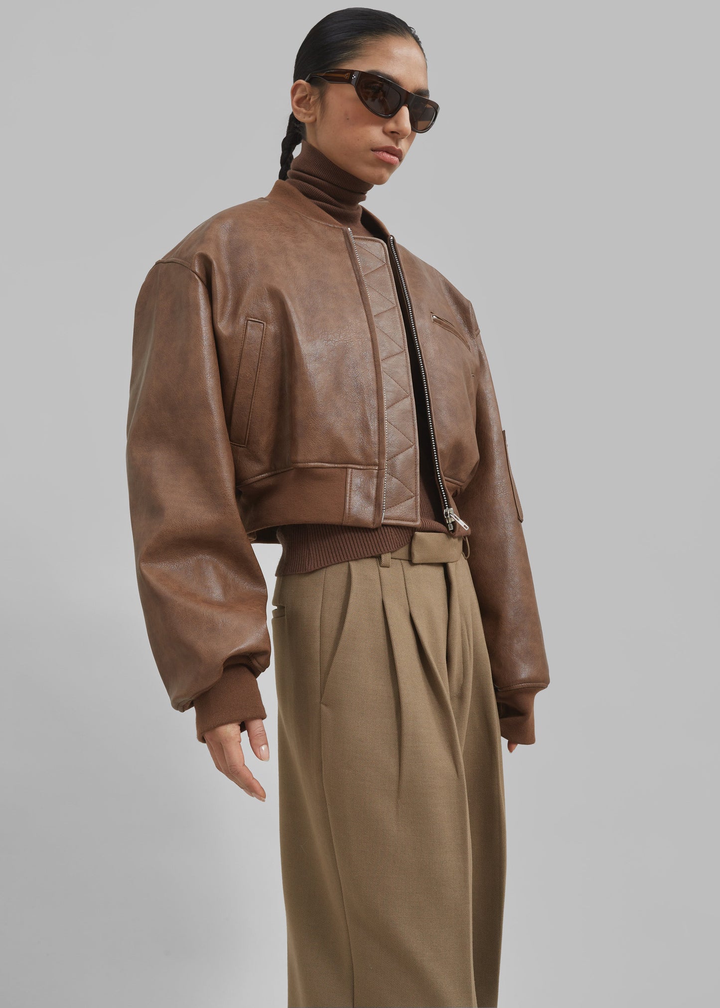 Gae Faux Leather Cropped Bomber - Brown