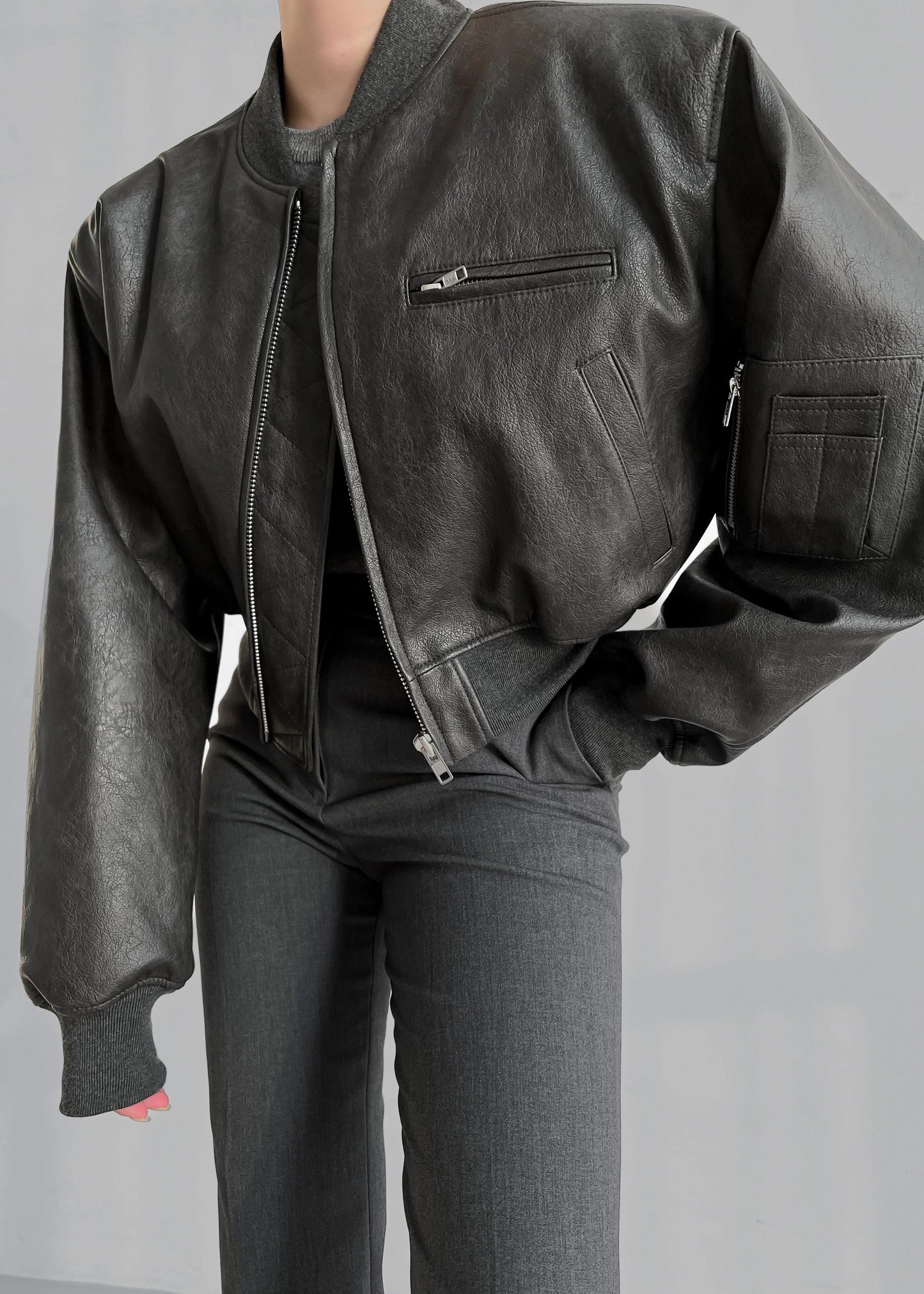 Gae Faux Leather Cropped Bomber - Charcoal