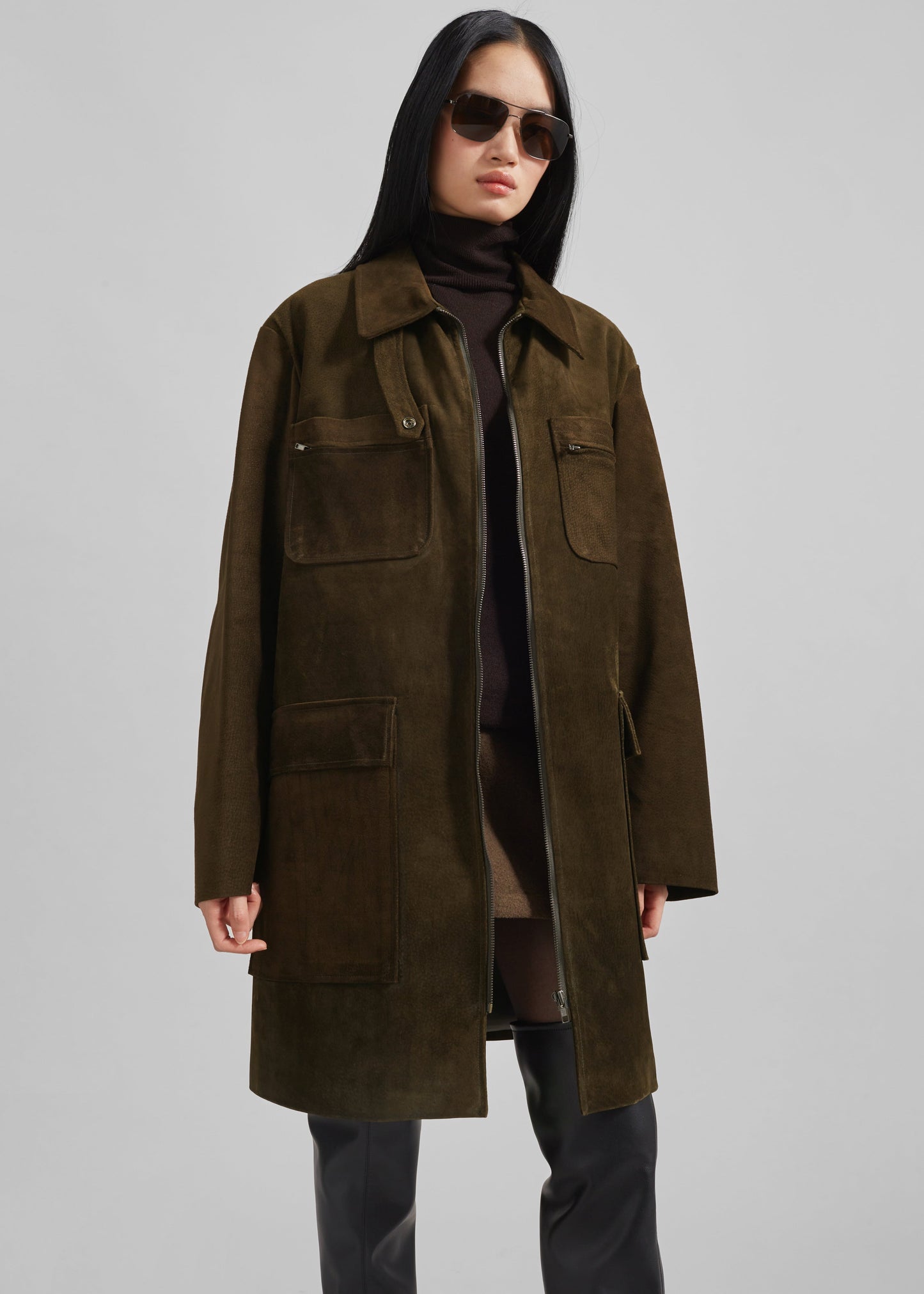 Haillot Suede Long Jacket - Khaki