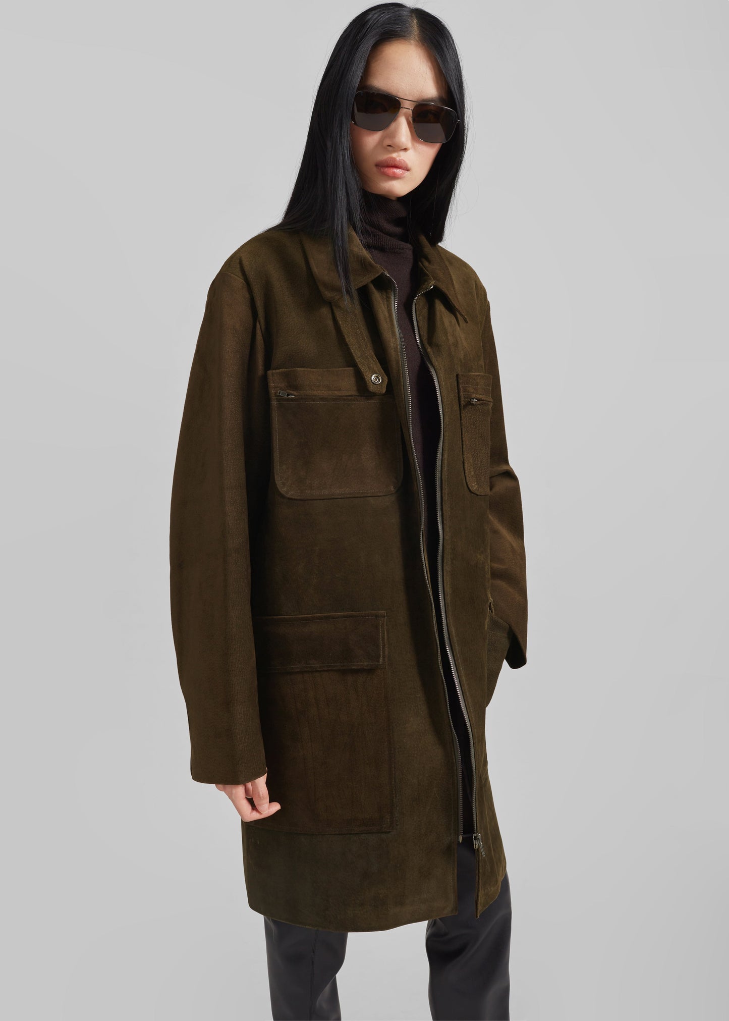 Haillot Suede Long Jacket - Khaki