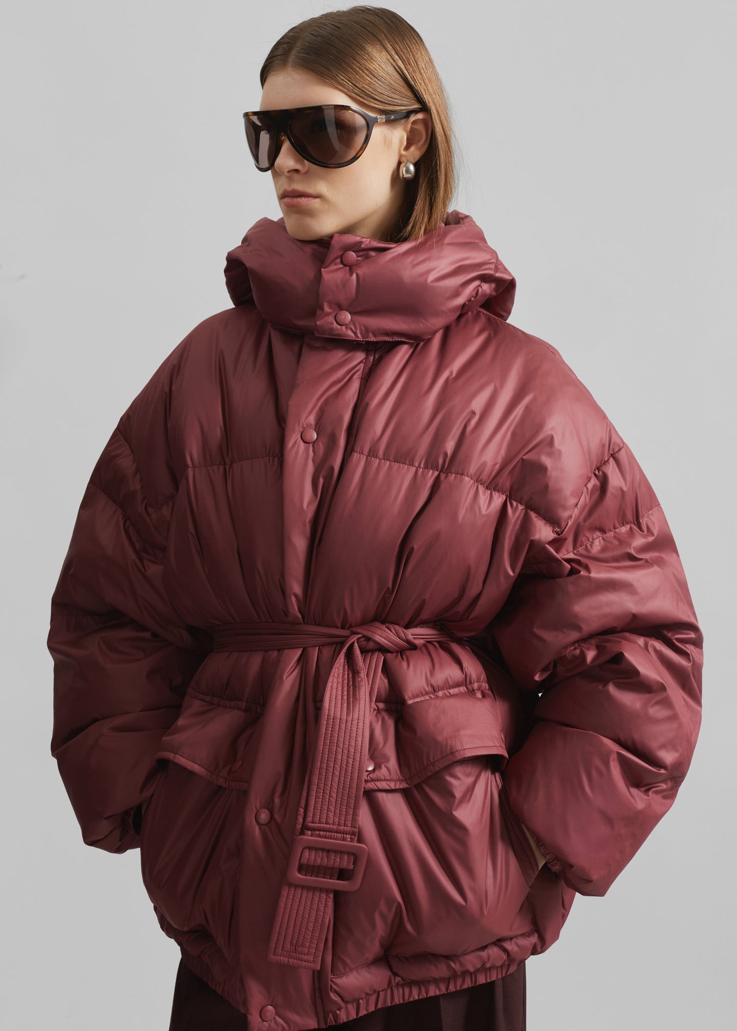 Hedon Belted Puffer Jacket - Burgundy