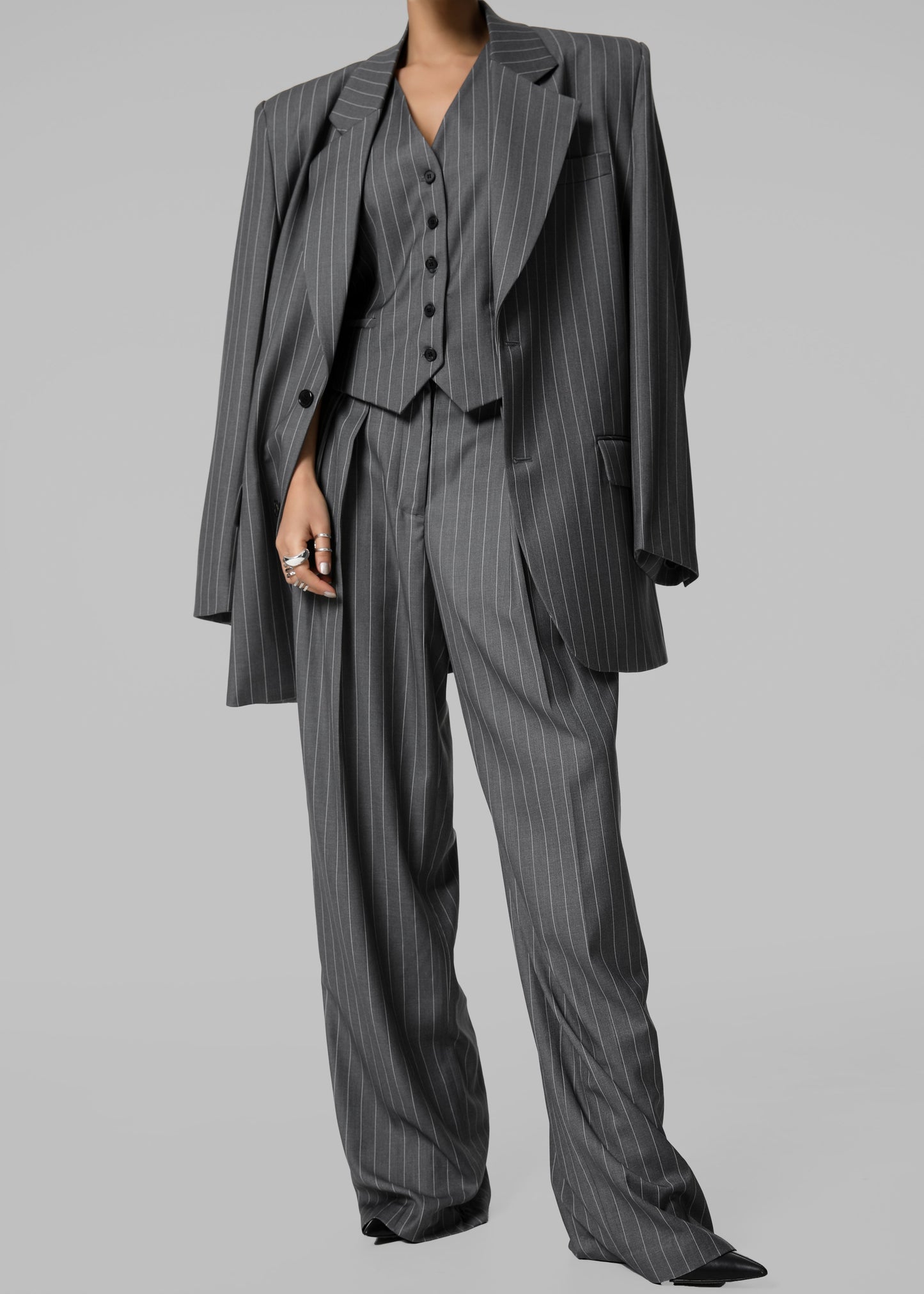 Holland Padded Shoulder Blazer - Charcoal/White Pinstripe