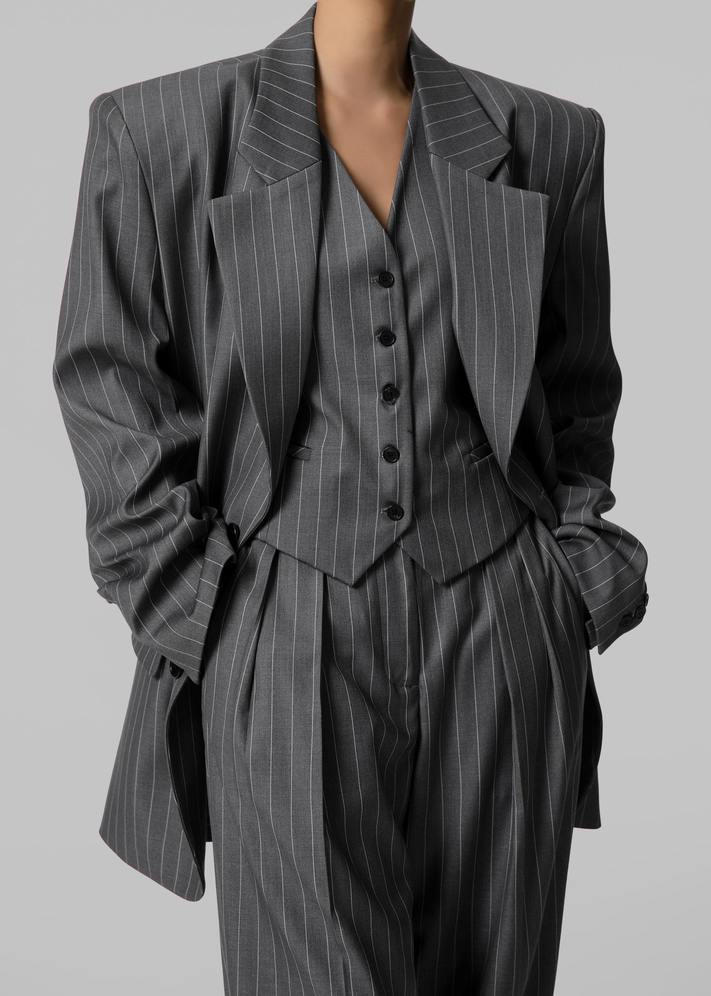 Holland Padded Shoulder Blazer - Charcoal/White Pinstripe