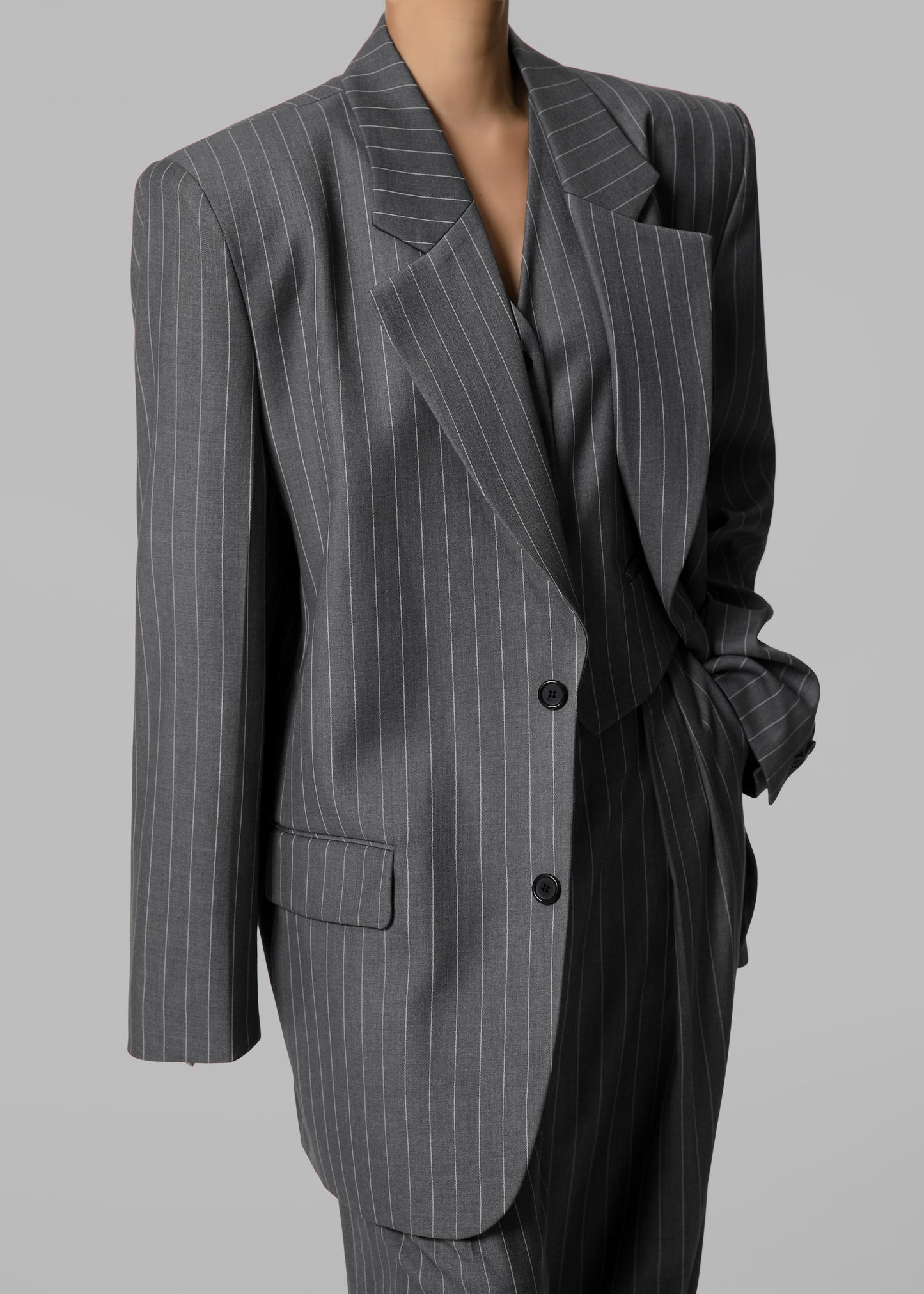 Holland Padded Shoulder Blazer - Charcoal/White Pinstripe