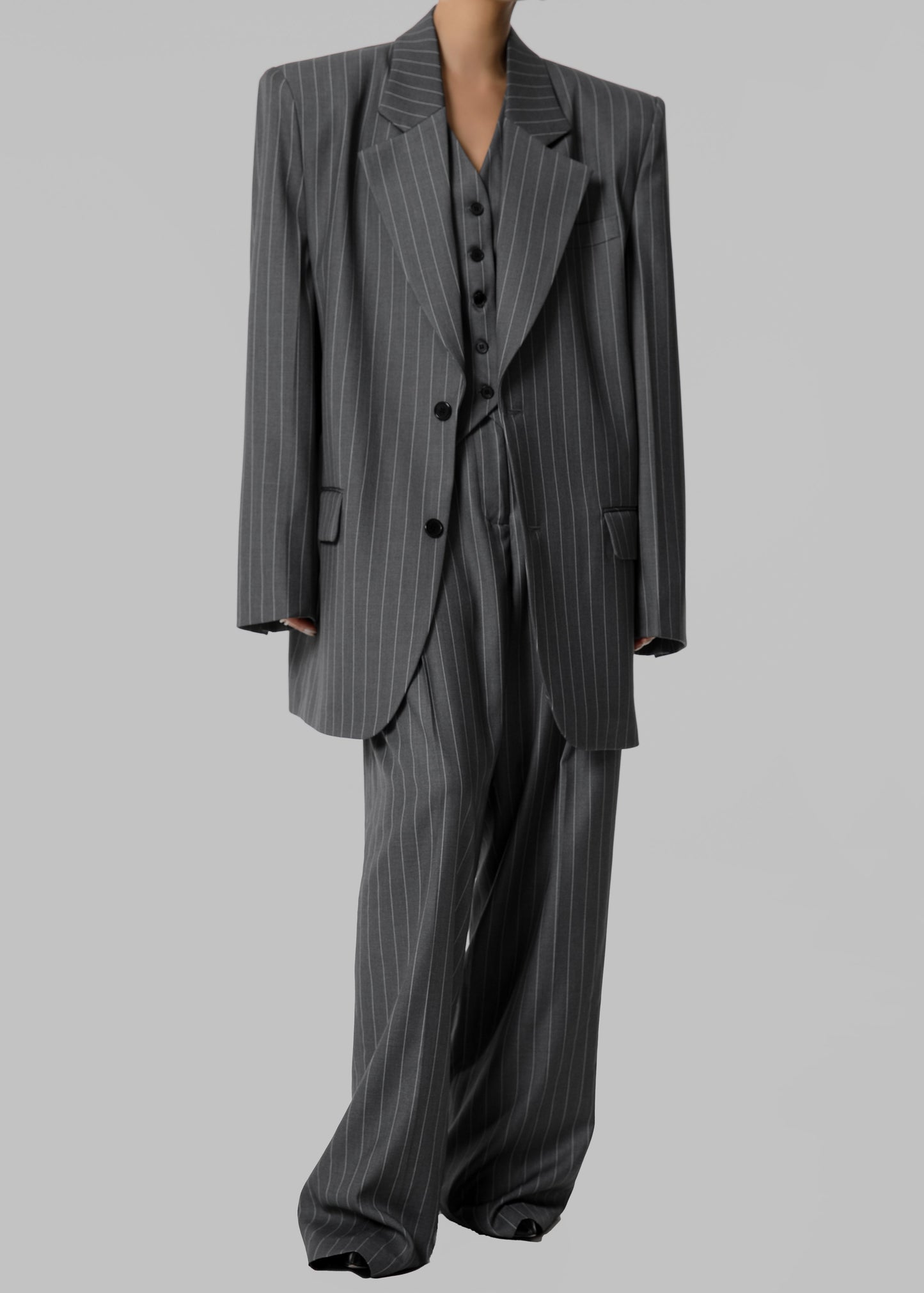 Holland Padded Shoulder Blazer - Charcoal/White Pinstripe