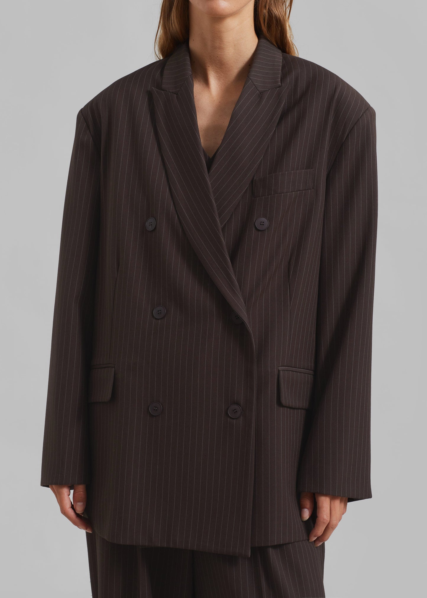 Ivey Double Breasted Blazer - Brown/White Pinstripe