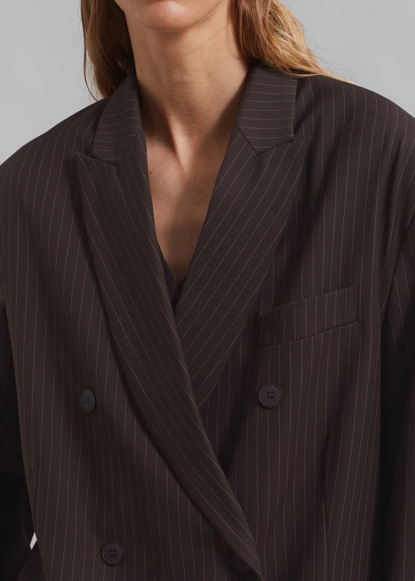 Ivey Double Breasted Blazer - Brown/White Pinstripe