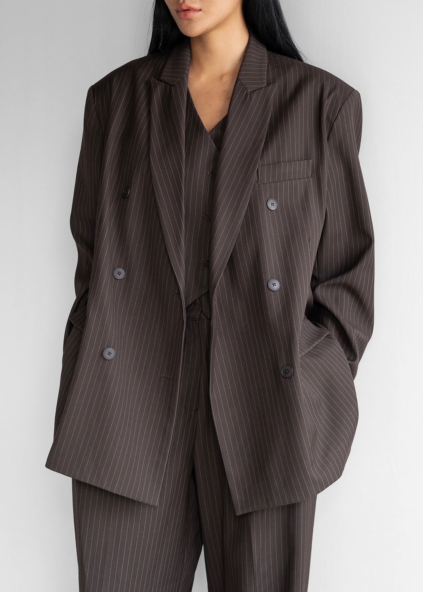 Ivey Double Breasted Blazer - Brown/White Pinstripe