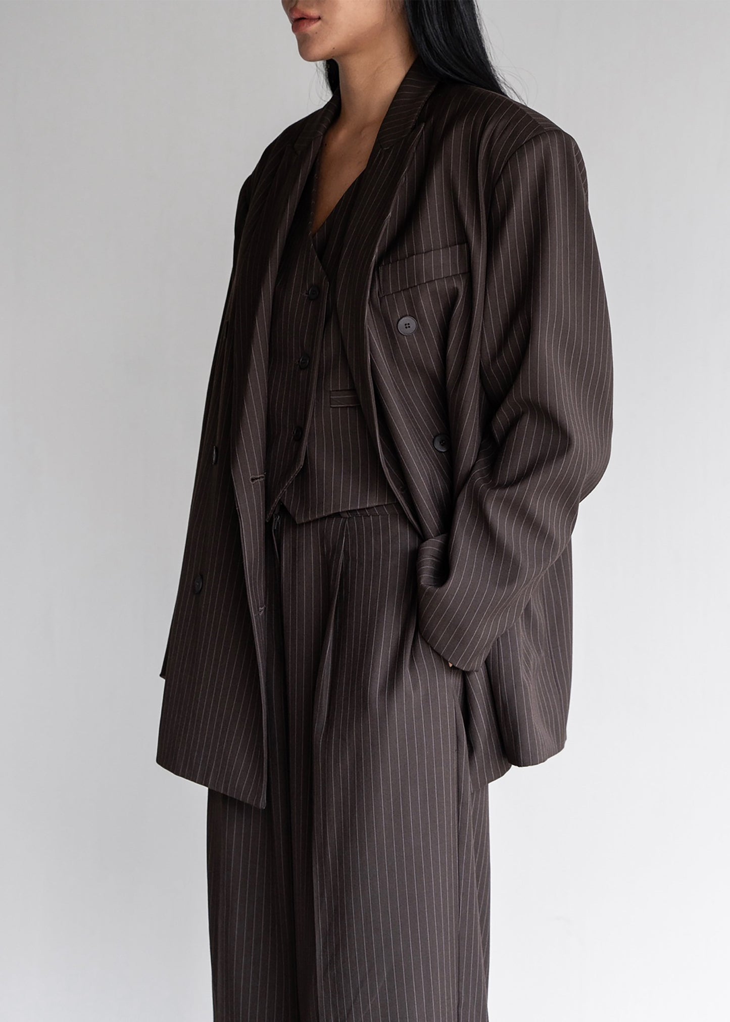 Ivey Double Breasted Blazer - Brown/White Pinstripe