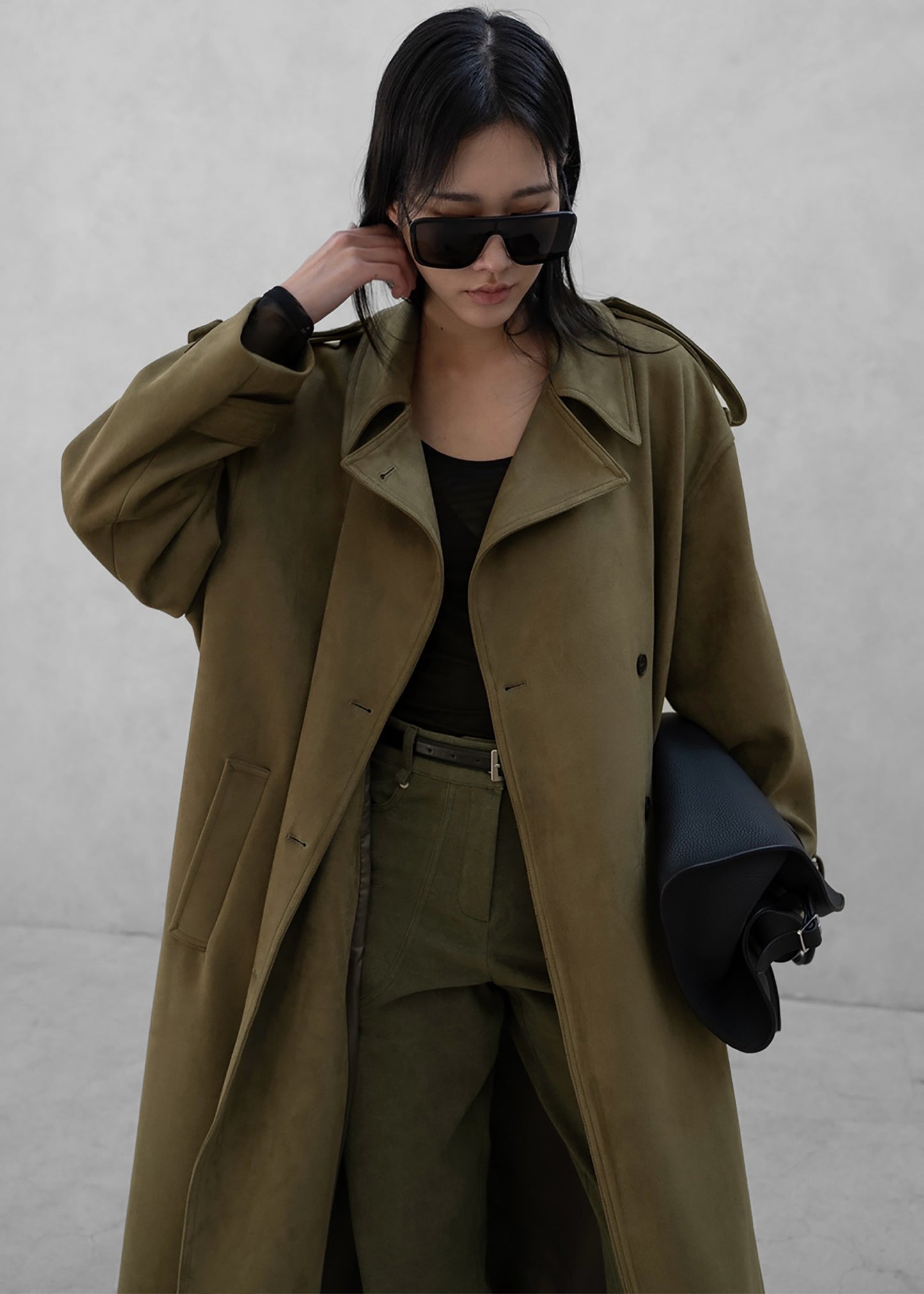 Lulea Faux Suede Trench Coat - Khaki