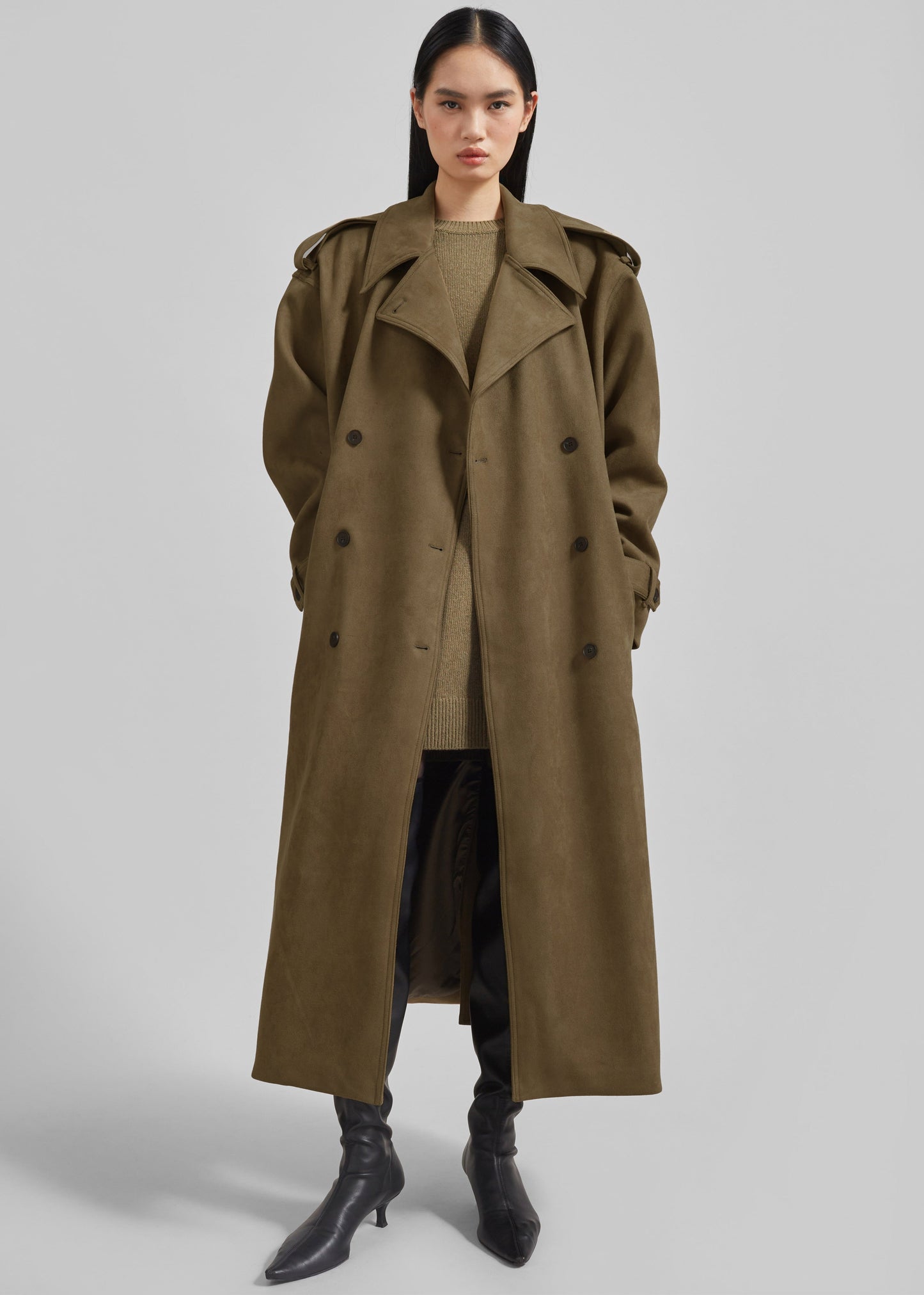 Lulea Faux Suede Trench Coat - Khaki