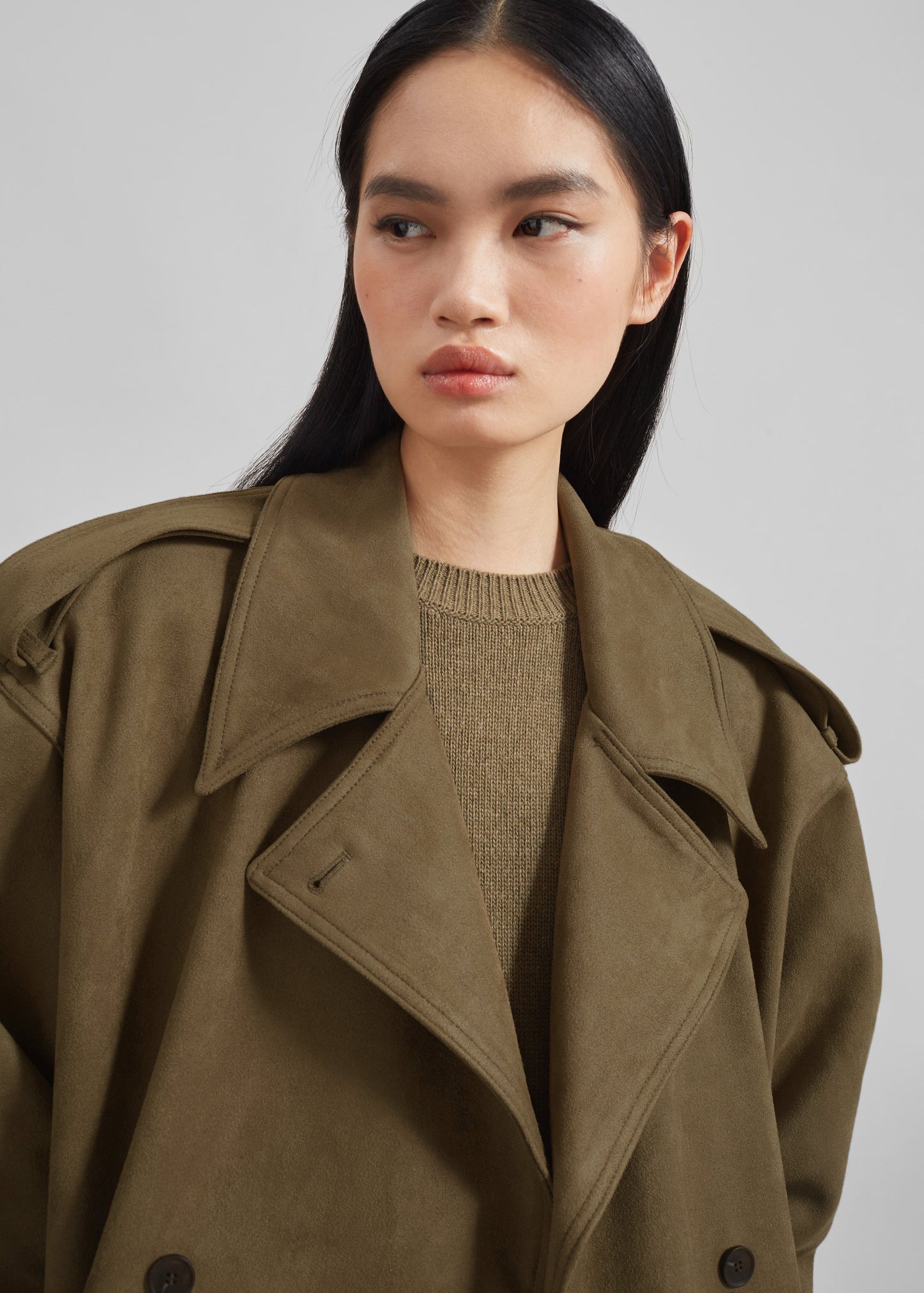 Lulea Faux Suede Trench Coat - Khaki