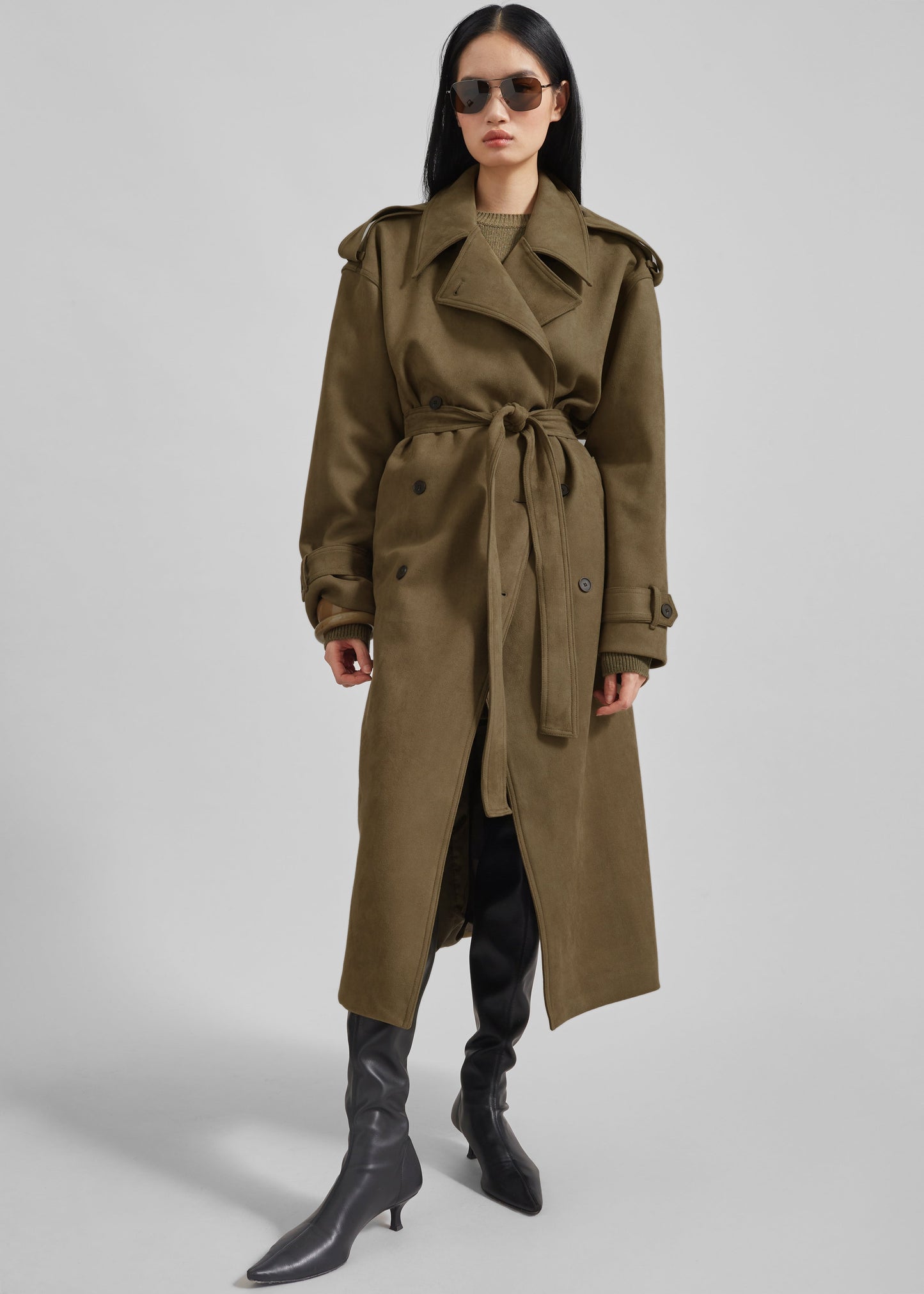 Lulea Faux Suede Trench Coat - Khaki