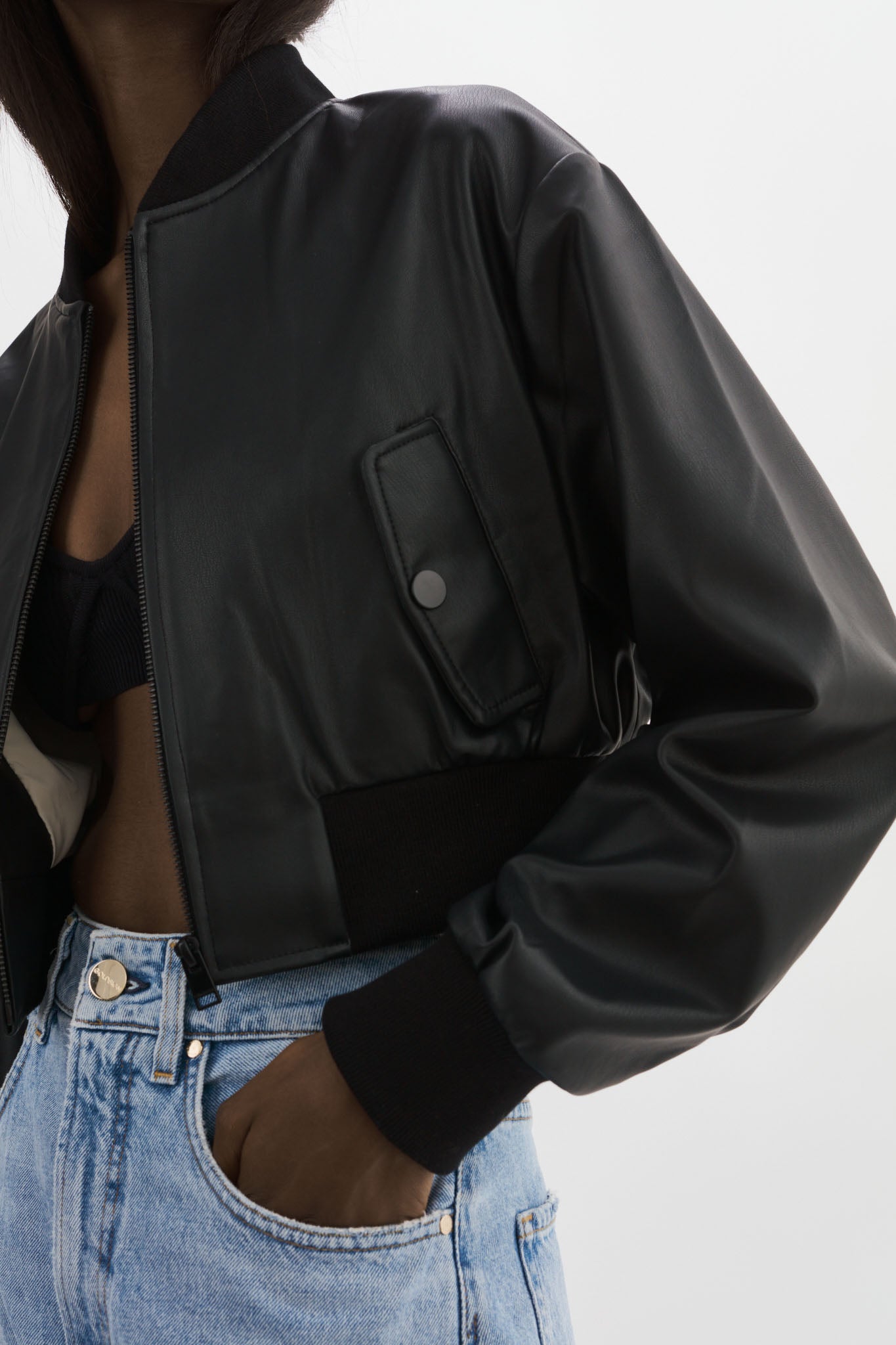 EVELIN | Faux Leather Cropped Bomber