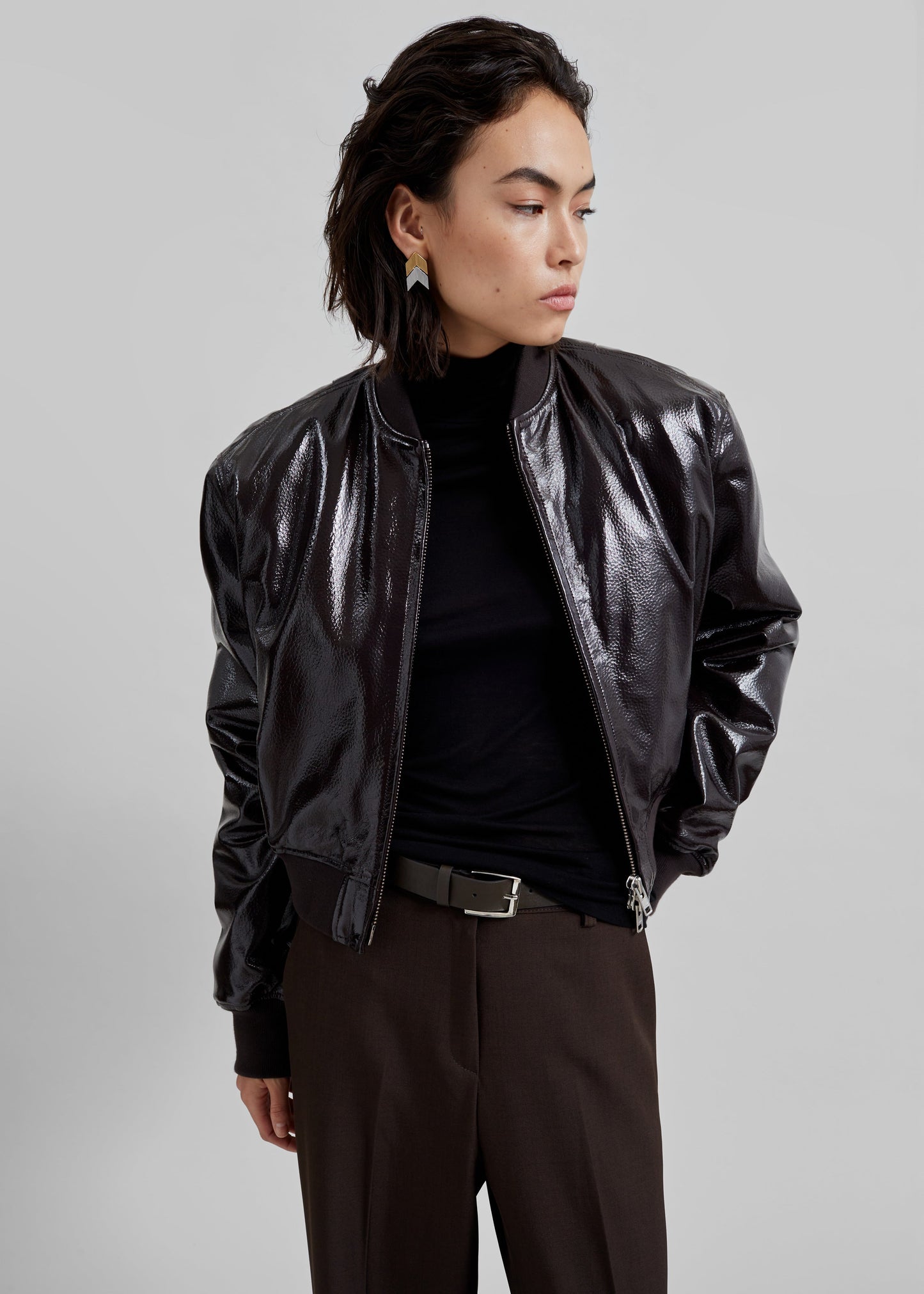 Micky Crackled Faux Leather Cropped Bomber - Dark Brown