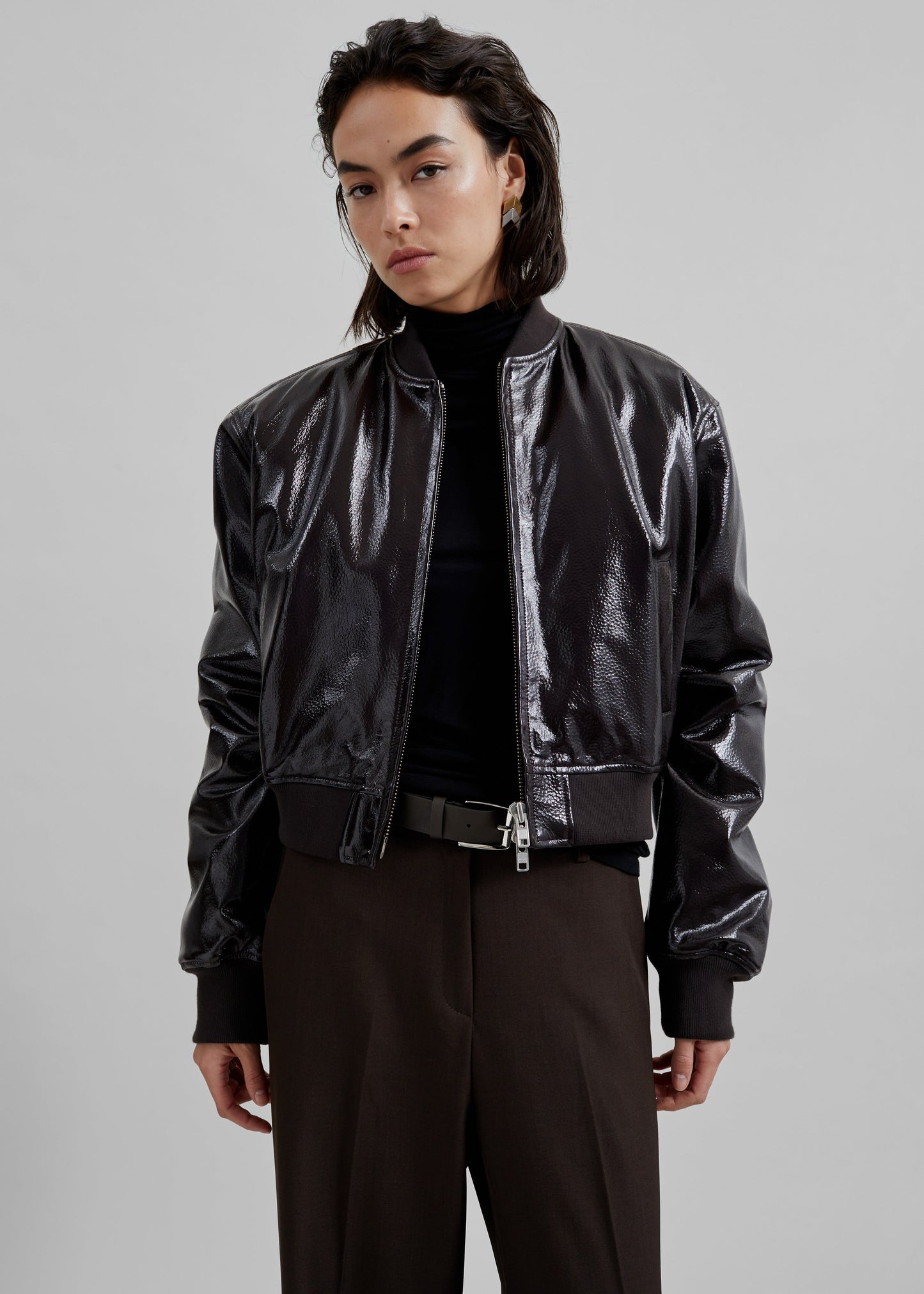 Micky Crackled Faux Leather Cropped Bomber - Dark Brown