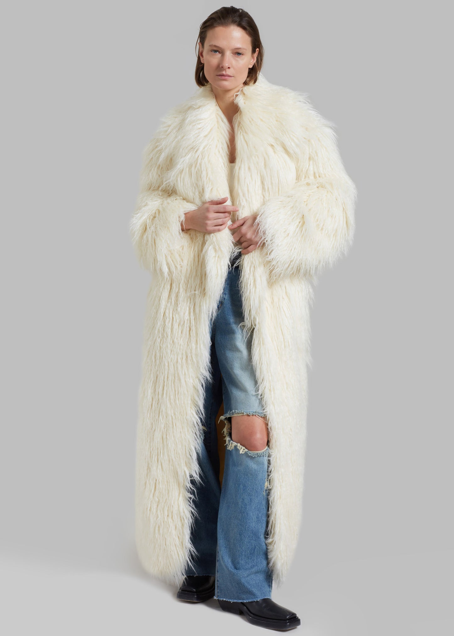 Nicole Long Faux Fur Coat - Off White