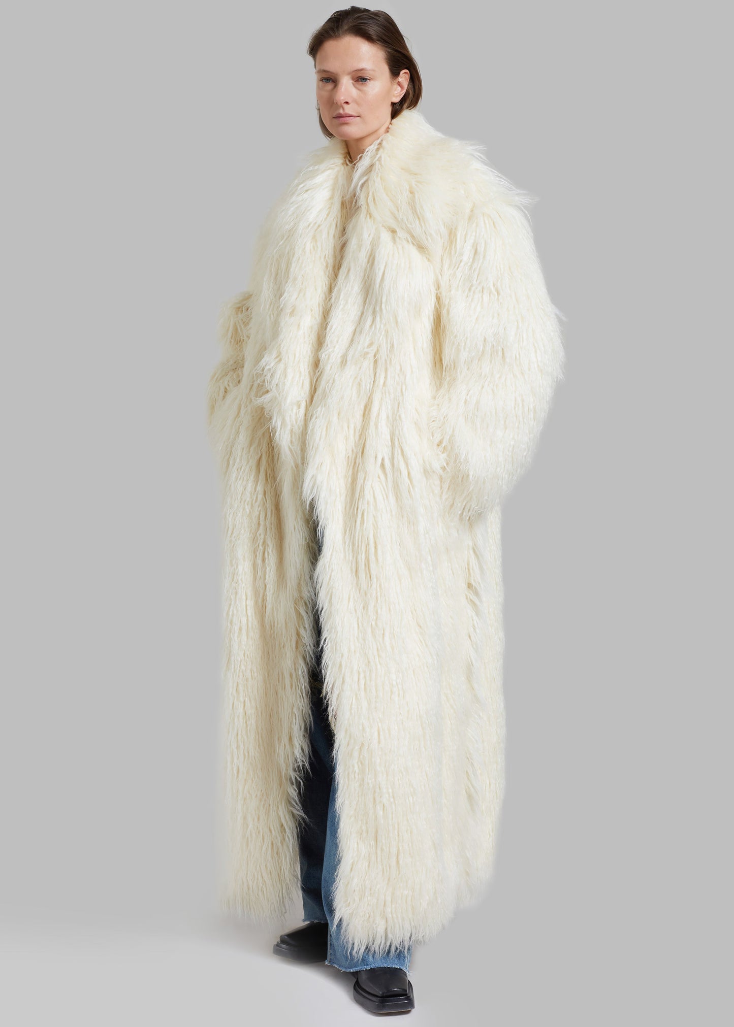 Nicole Long Faux Fur Coat - Off White