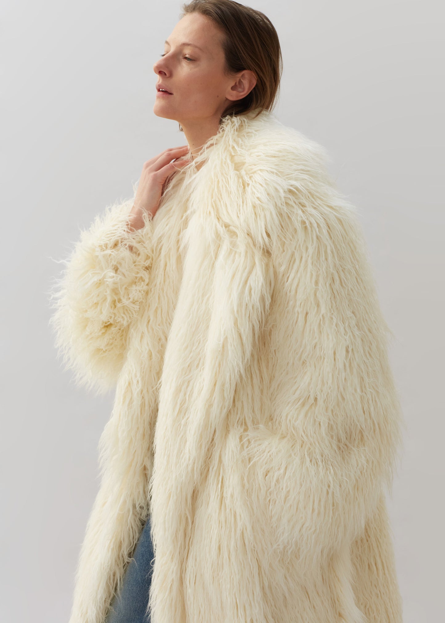 Nicole Long Faux Fur Coat - Off White