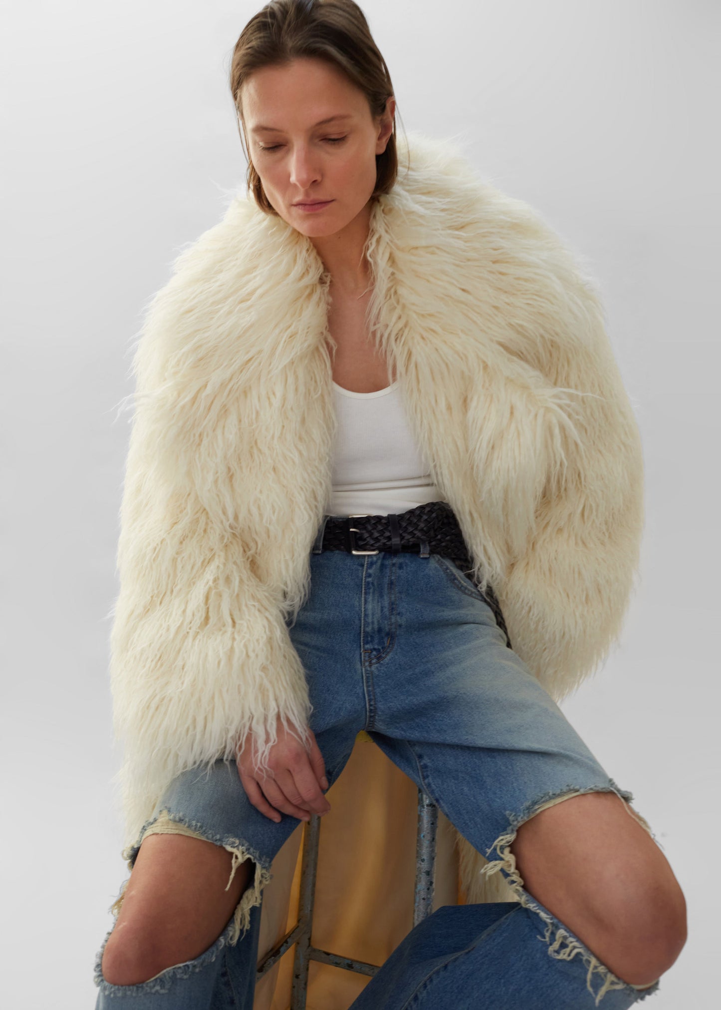 Nicole Long Faux Fur Coat - Off White