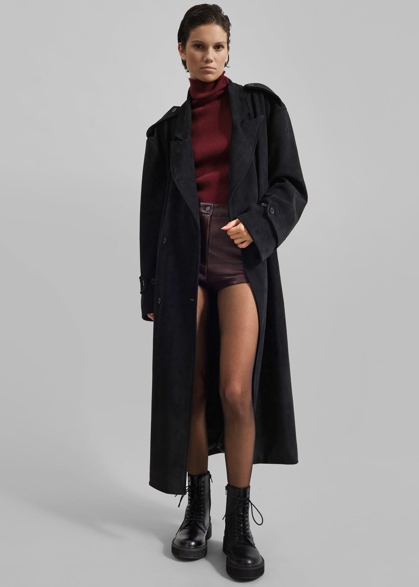 Peoria Faux Suede Trench Coat - Black