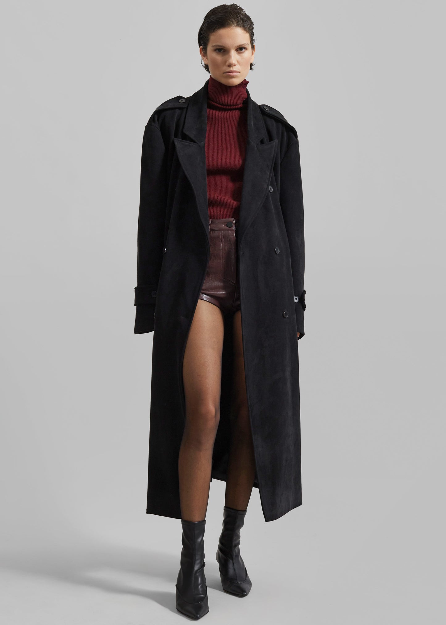 Peoria Faux Suede Trench Coat - Black