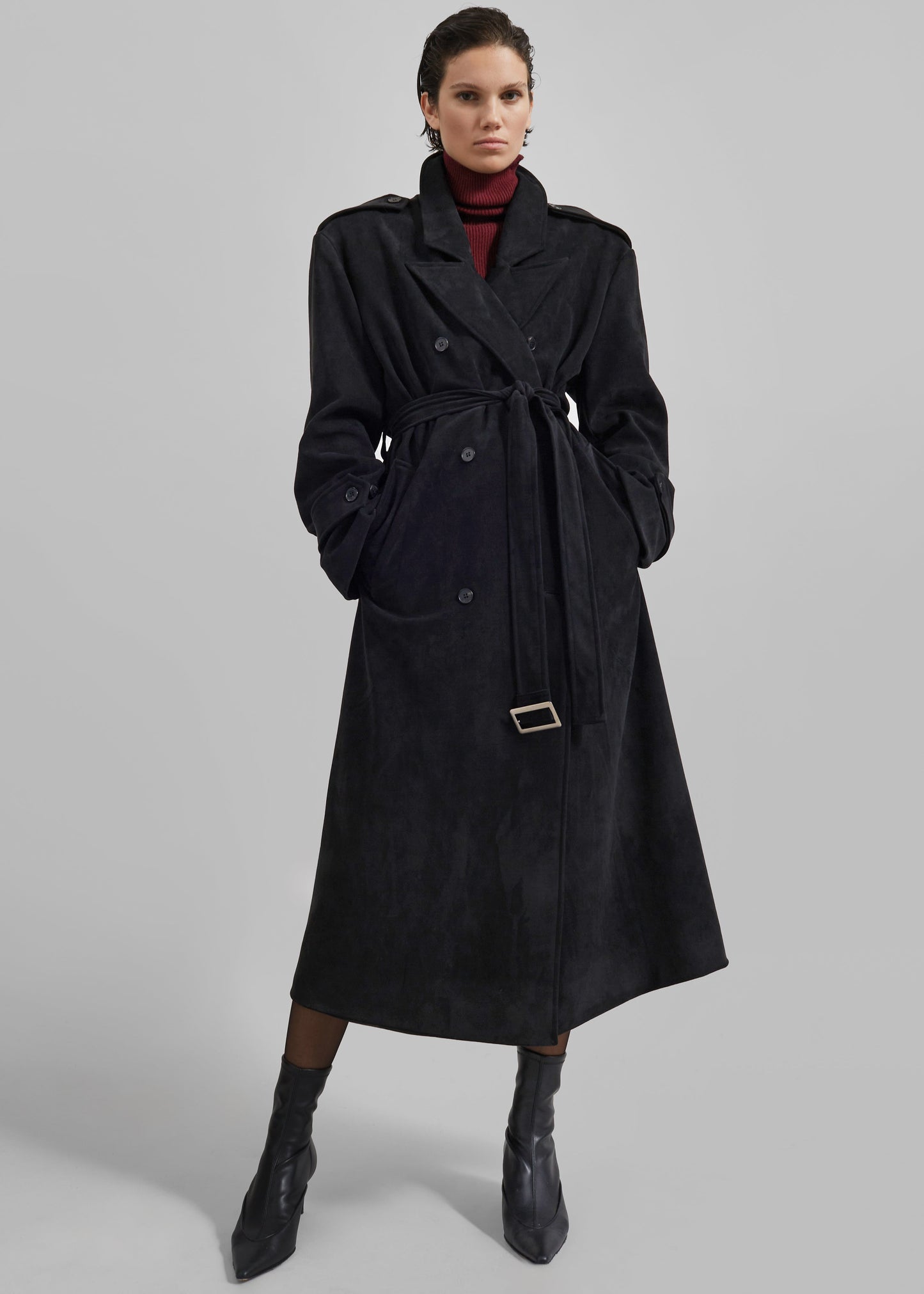 Peoria Faux Suede Trench Coat - Black